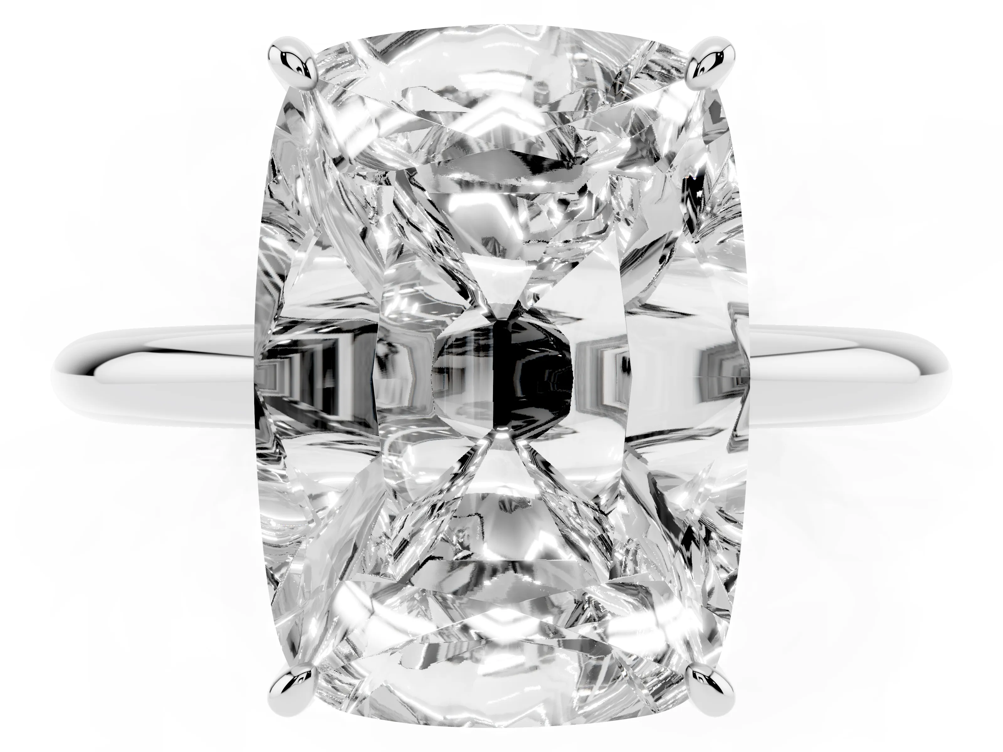 Old Mine Elongated Cushion Diamond Solitaire Ring Set in Platinum with Four Prong Setting and Plain Band