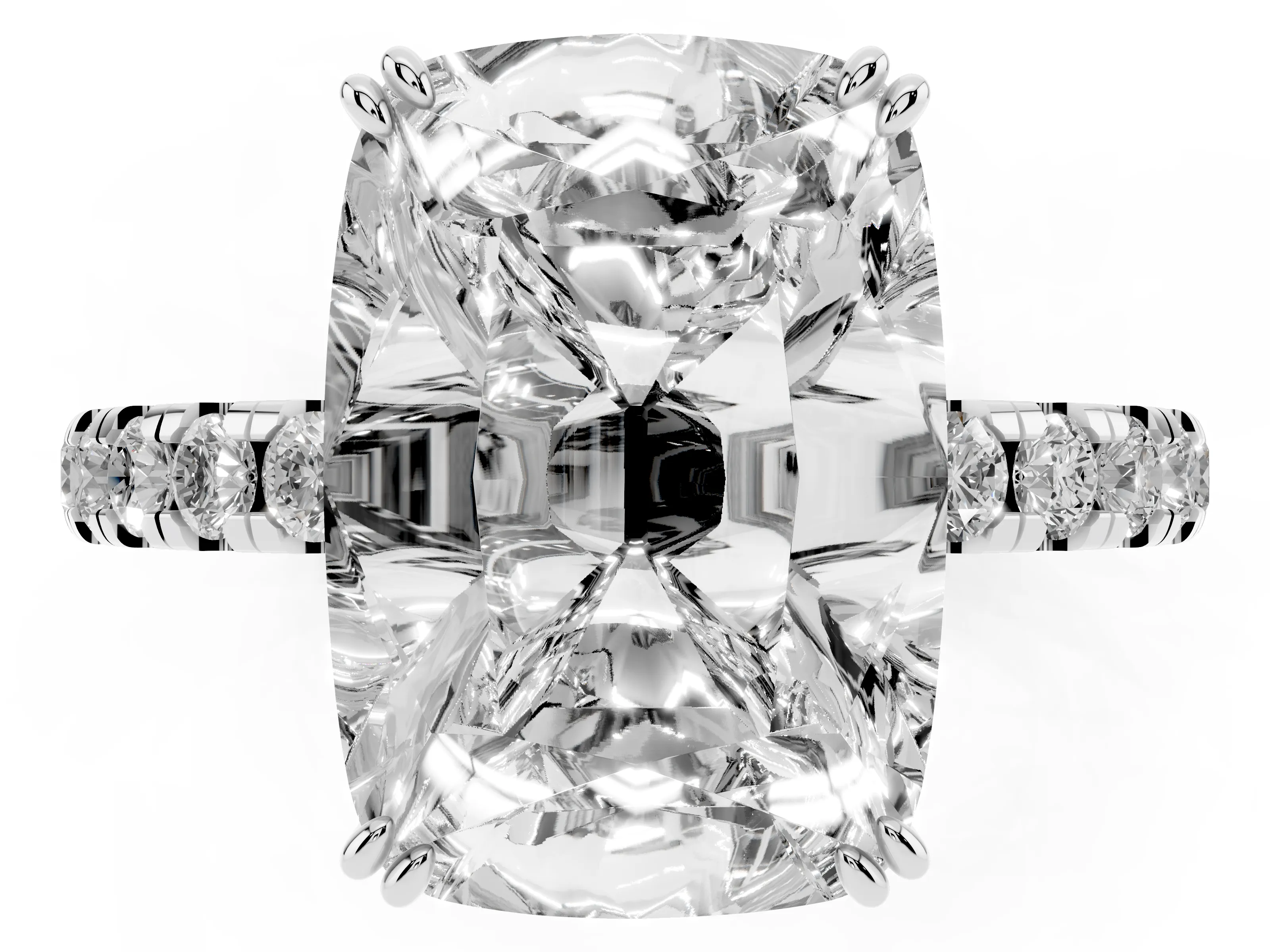 Old Mine Elongated Cushion Diamond Ring Set in Silver with Pavé Band and Prong Setting
