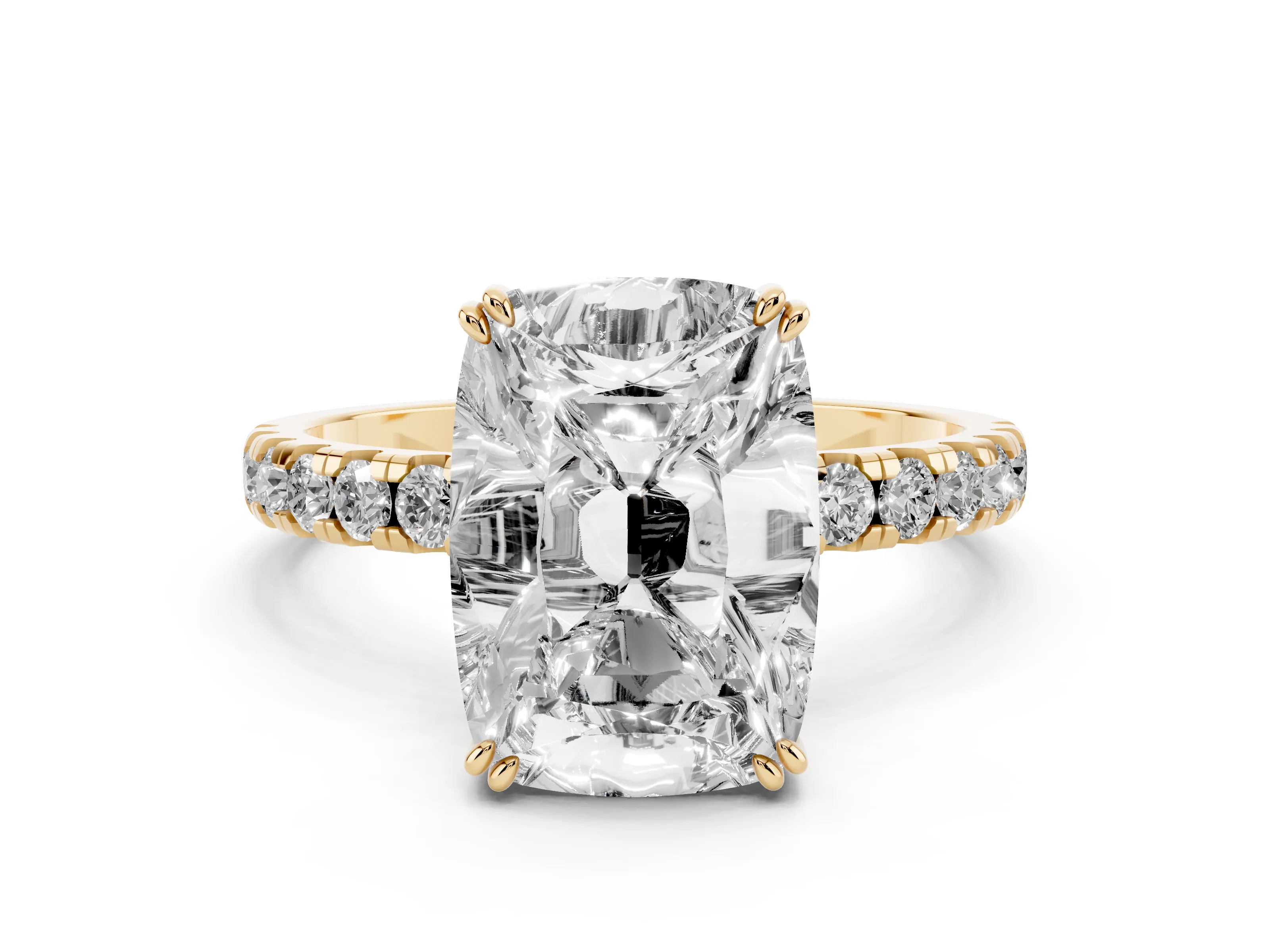 Old Mine Elongated Cushion Diamond Ring Set in Yellow gold with Pavé Band and Prong Setting