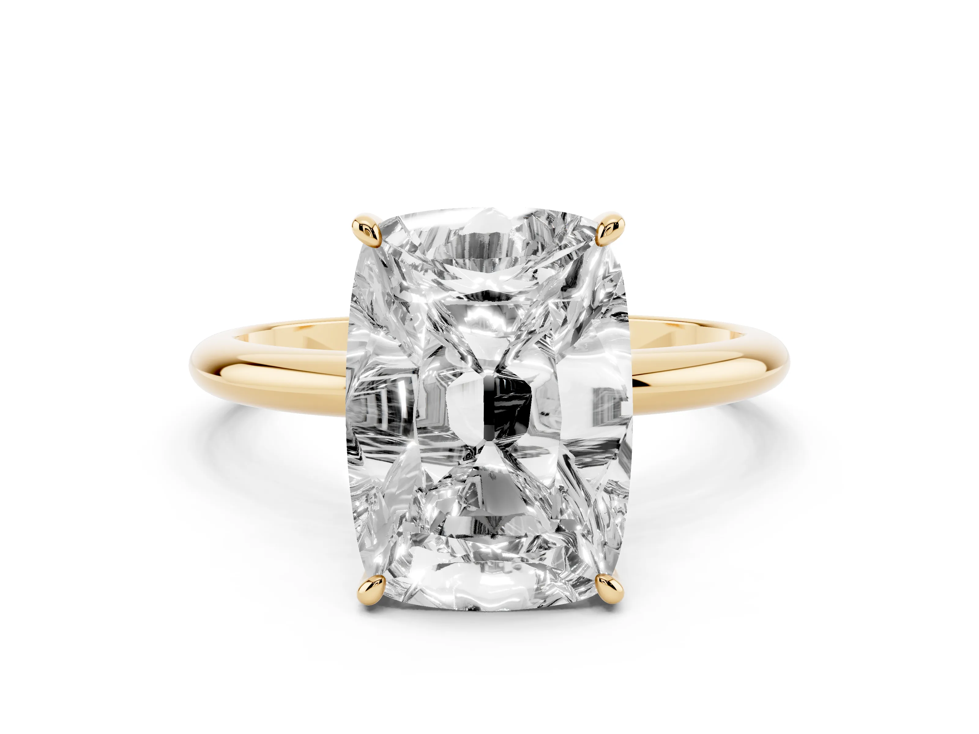 Old Mine Elongated Cushion Diamond Solitaire Ring Set in Yellow gold with Four Prong Setting and Plain Band