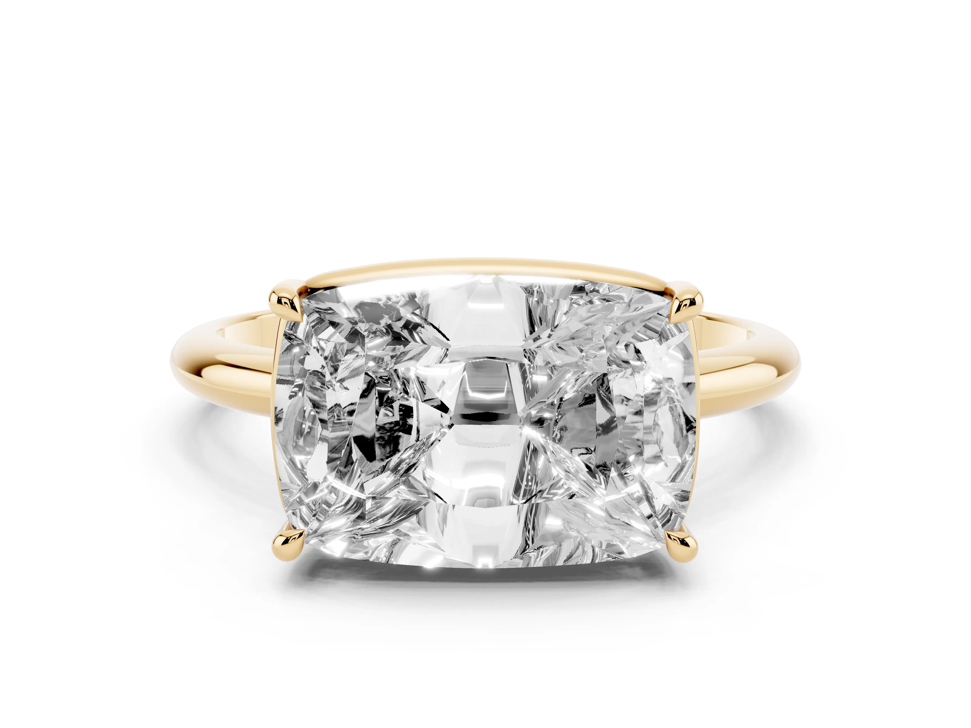 Old Mine Elongated Cushion Diamond East-West Solitaire Ring Set in Yellow gold with Bezel and Four Claw Setting