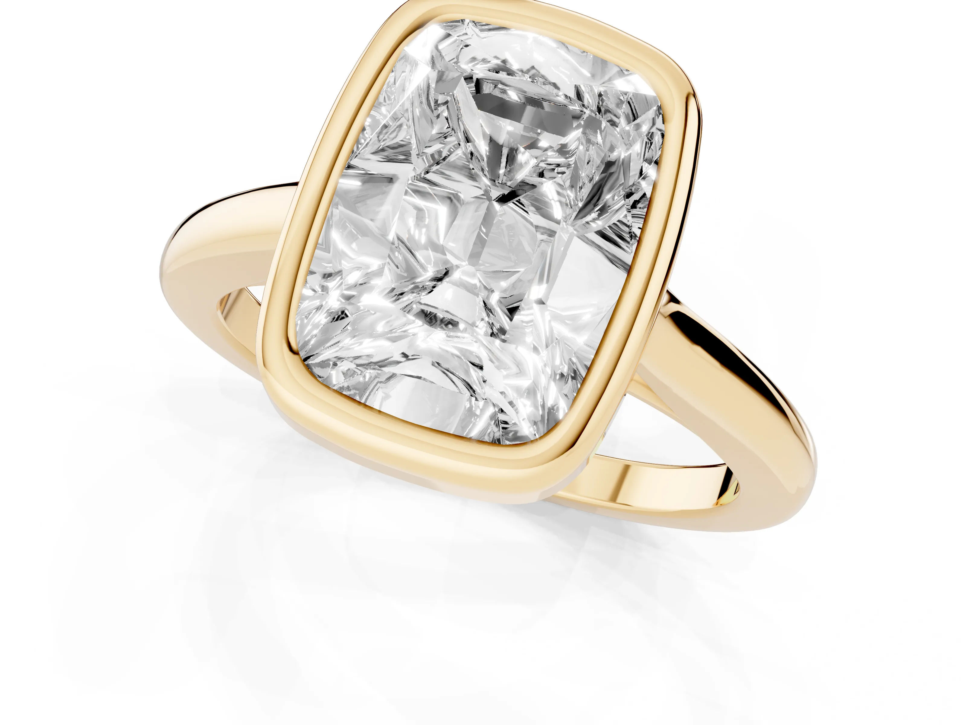 Old Mine Elongated Cushion Diamond Solitaire Ring Set in Yellow gold with Bezel Setting – second view