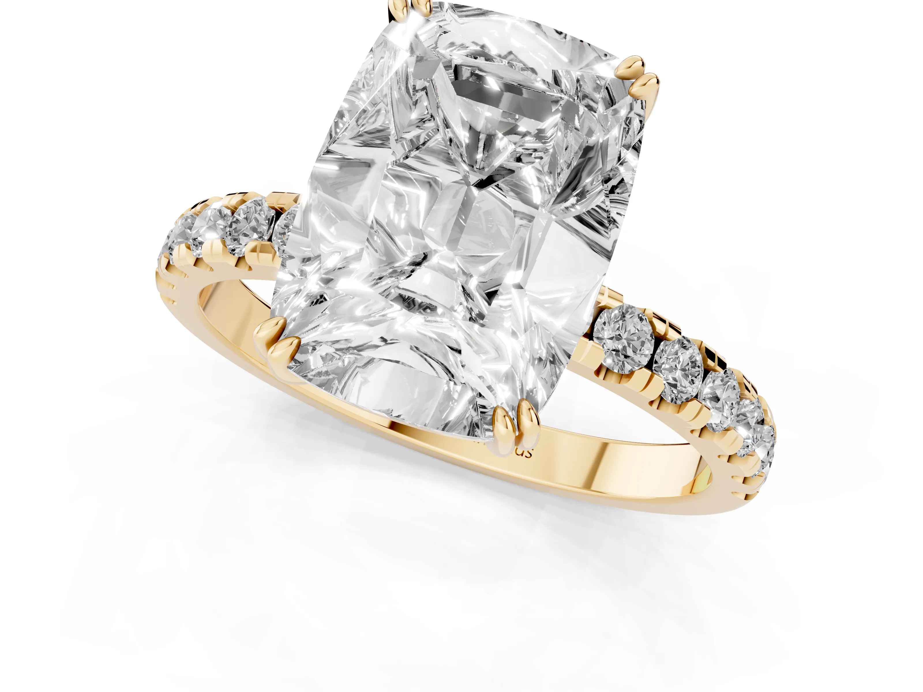 Old Mine Elongated Cushion Diamond Ring Set in Yellow gold with Pavé Band and Prong Setting