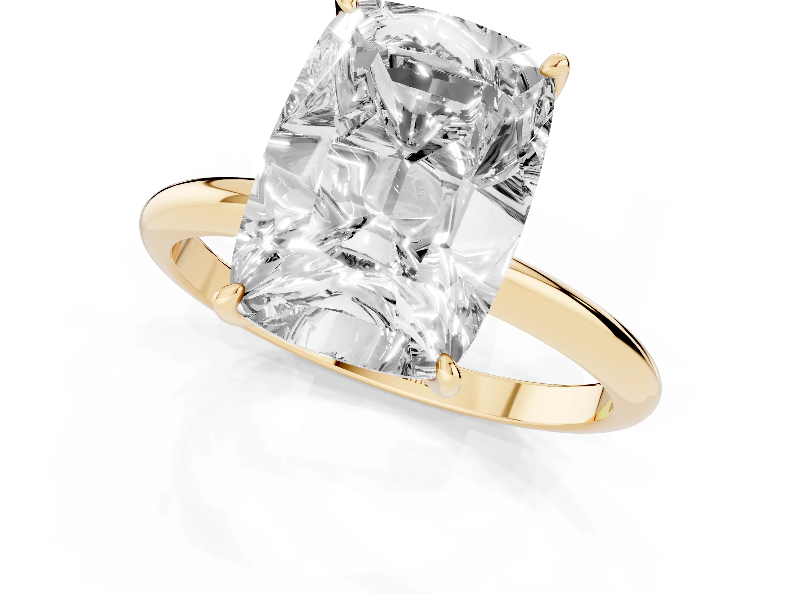 Old Mine Elongated Cushion Diamond Solitaire Ring Set in Yellow gold with Four Prong Setting and Plain Band