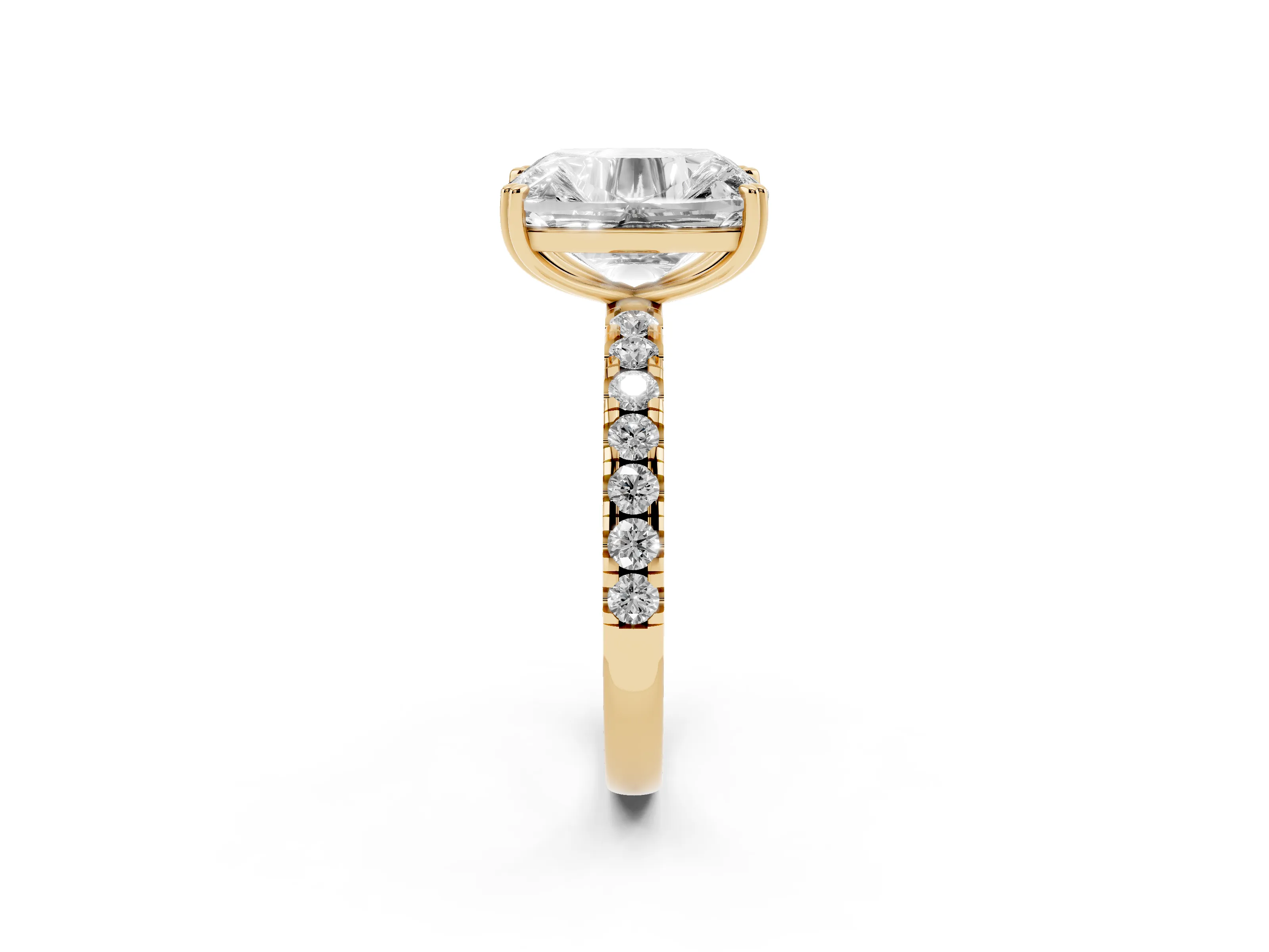 Old Mine Elongated Cushion Diamond Ring Set in Yellow gold with Pavé Band and Prong Setting