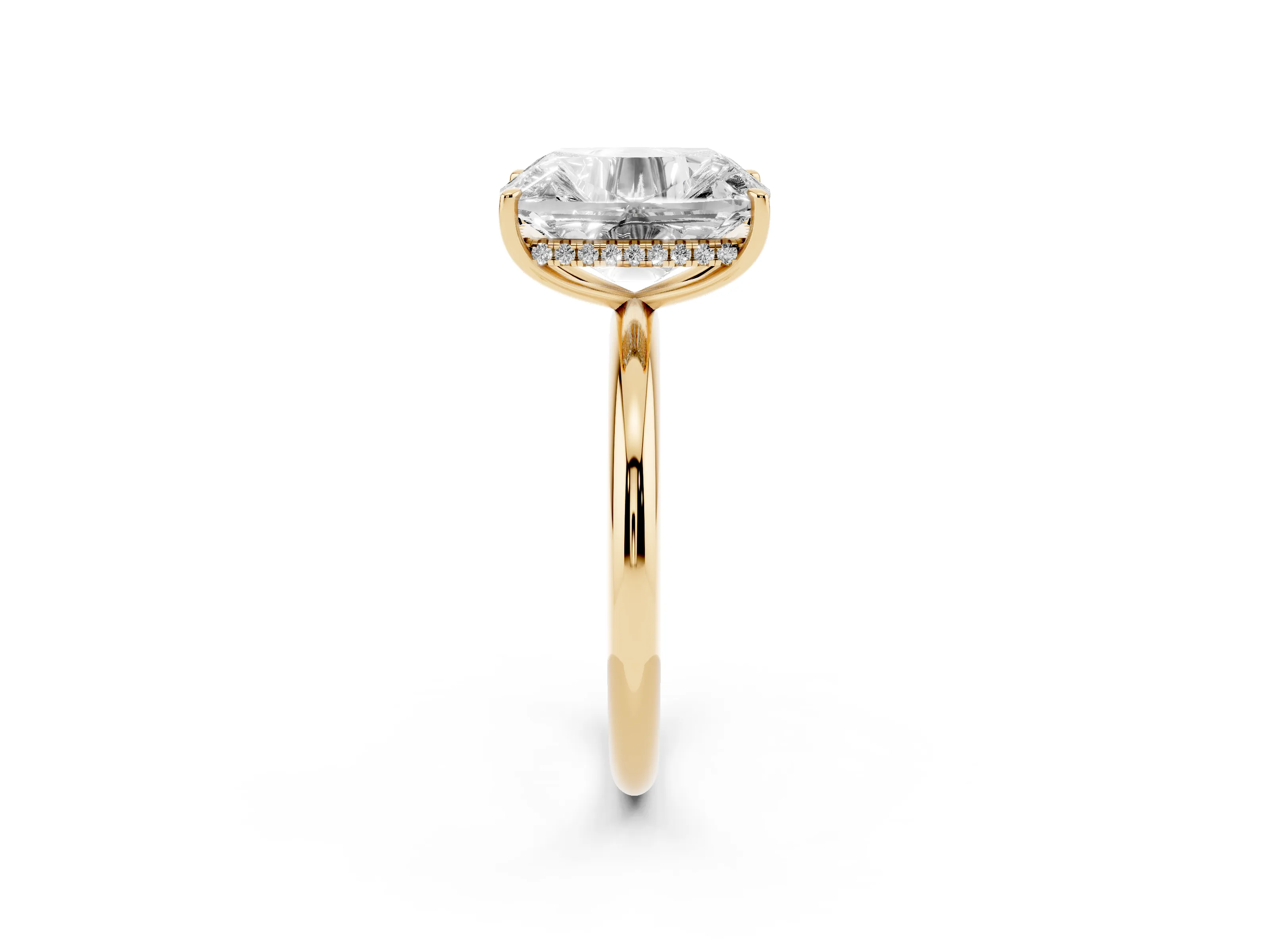 Old Mine Elongated Cushion Diamond Solitaire Ring Set in Yellow gold with Four Prong Setting and Plain Band
