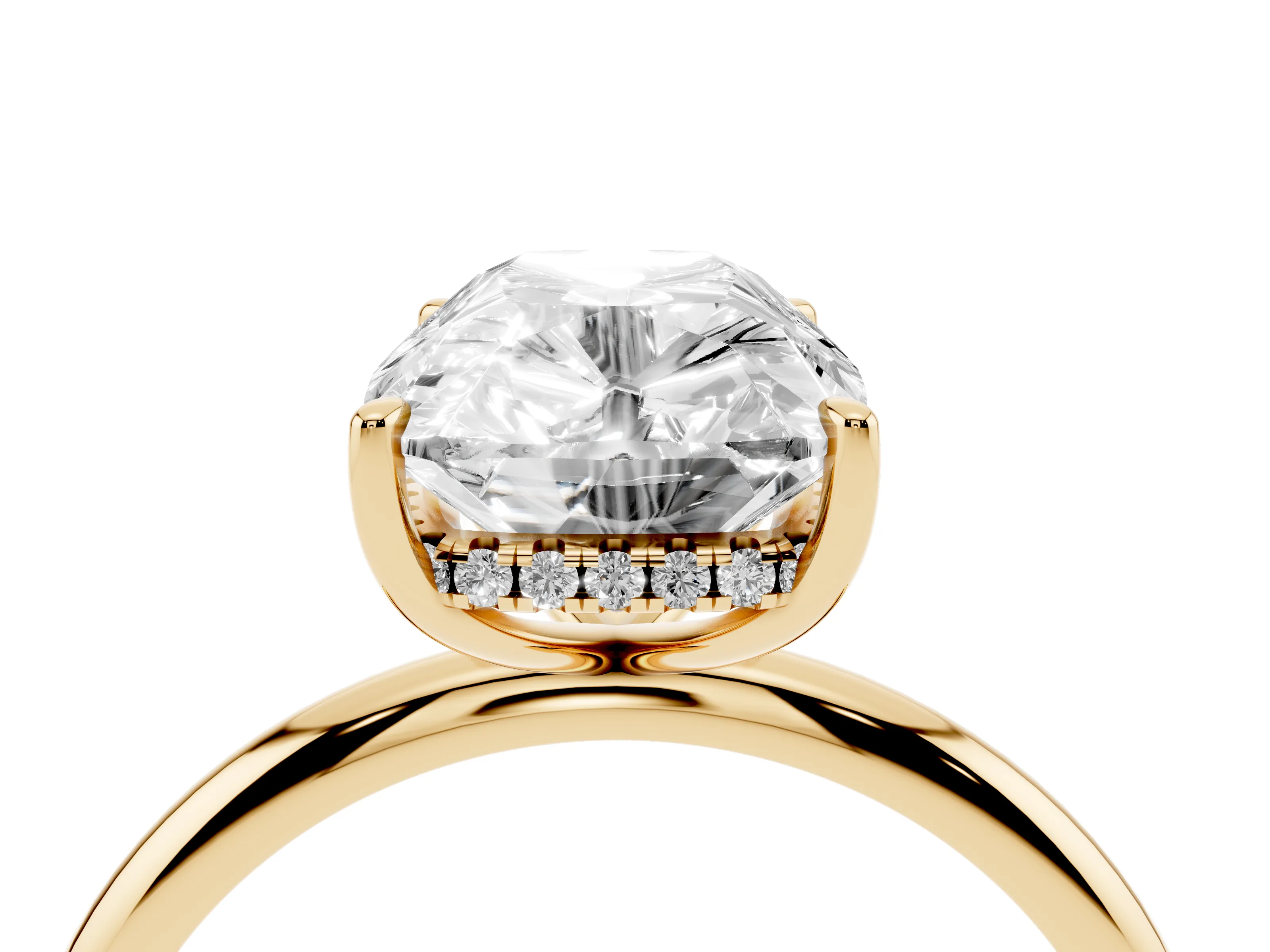 Old Mine Elongated Cushion Diamond Solitaire Ring Set in Yellow gold with Four Prong Setting and Plain Band
