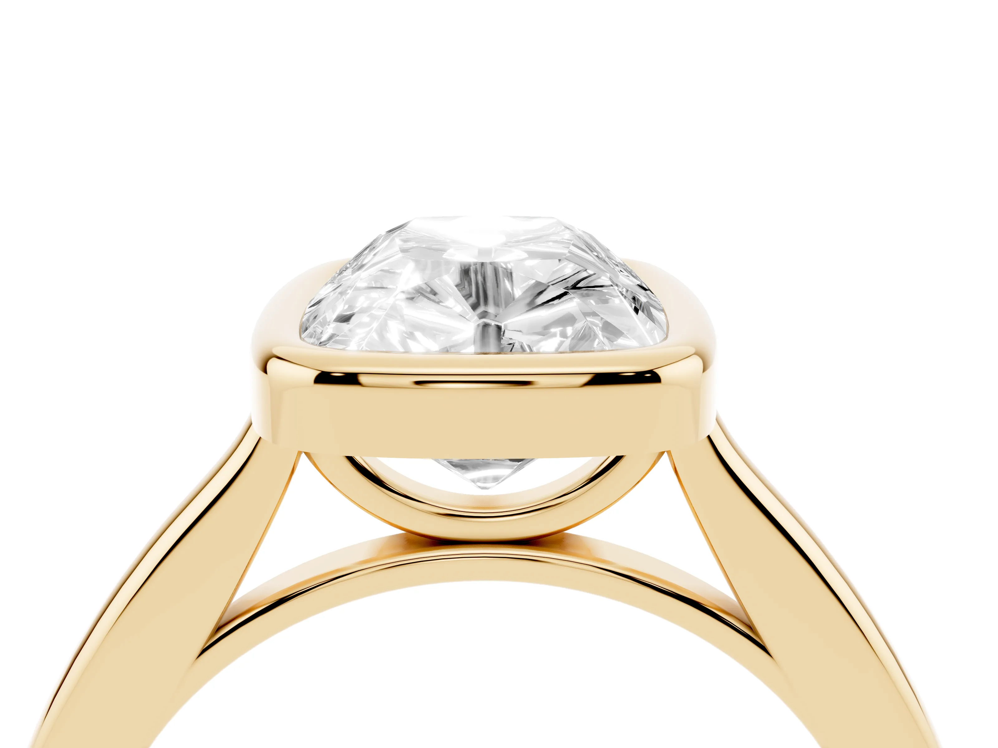 Old Mine Elongated Cushion Diamond Solitaire Ring Set in Yellow gold with Bezel Setting
