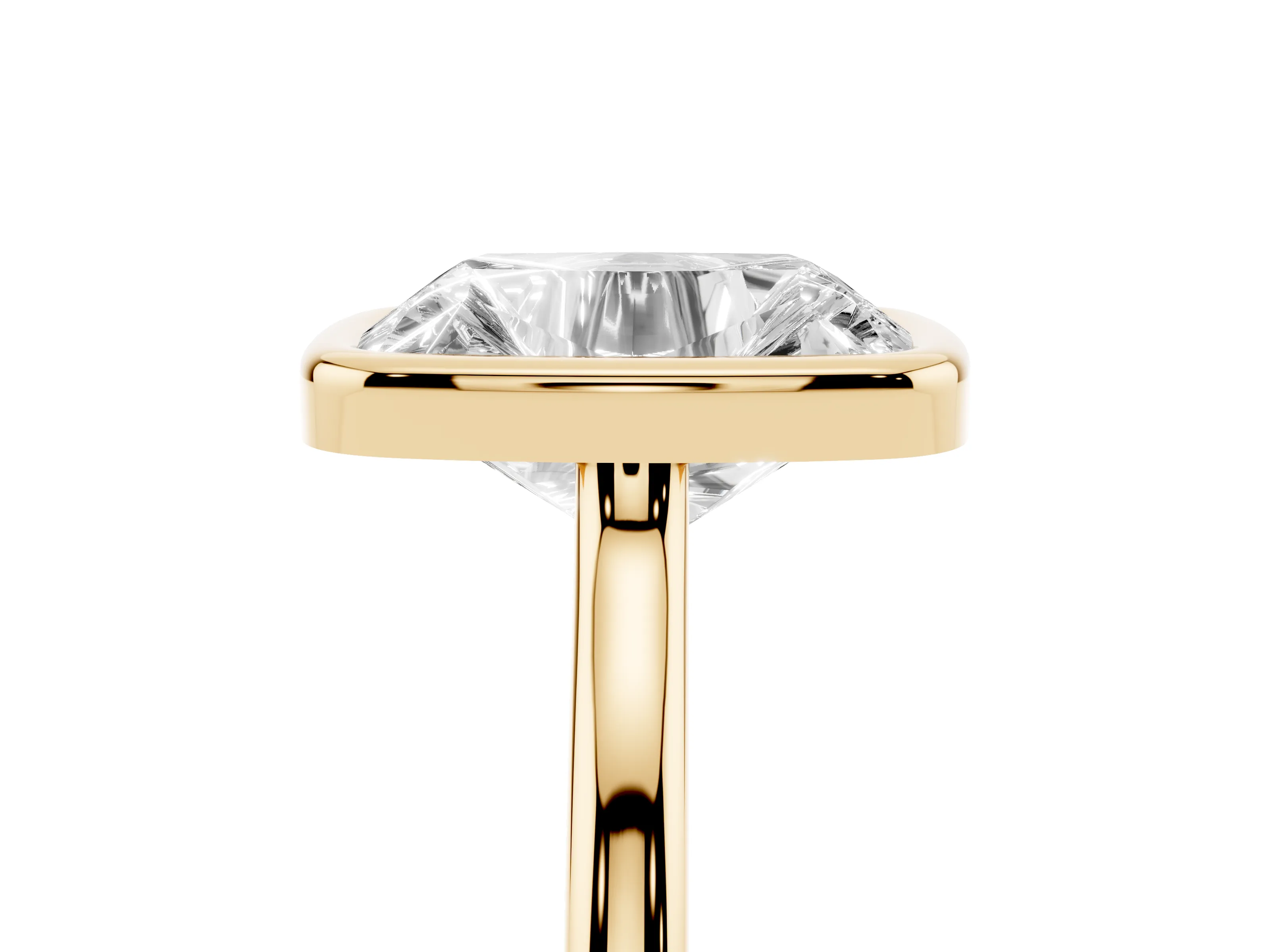 Old Mine Elongated Cushion Diamond Solitaire Ring Set in Yellow gold with Bezel Setting