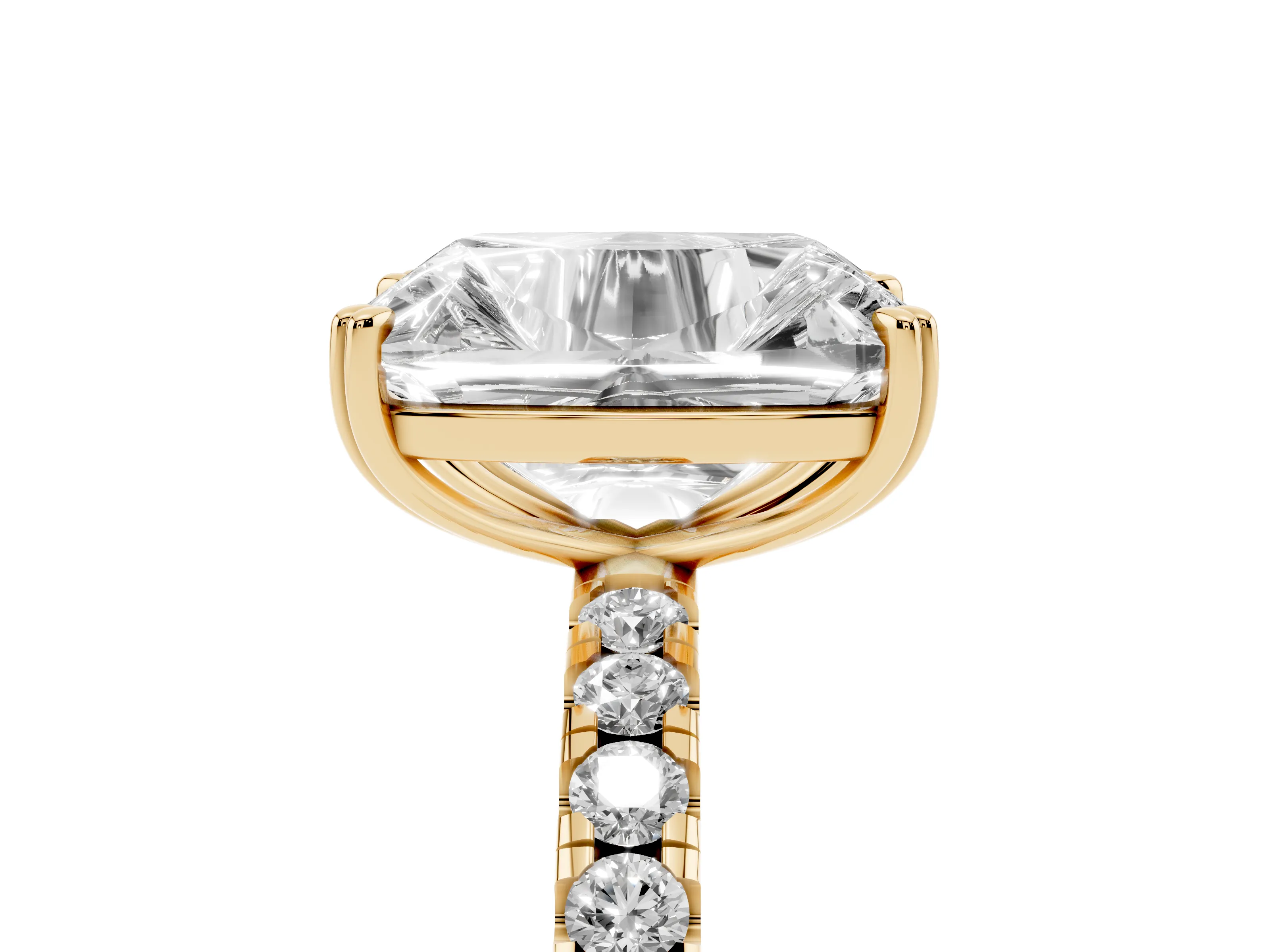 Old Mine Elongated Cushion Diamond Ring Set in Yellow gold with Pavé Band and Prong Setting