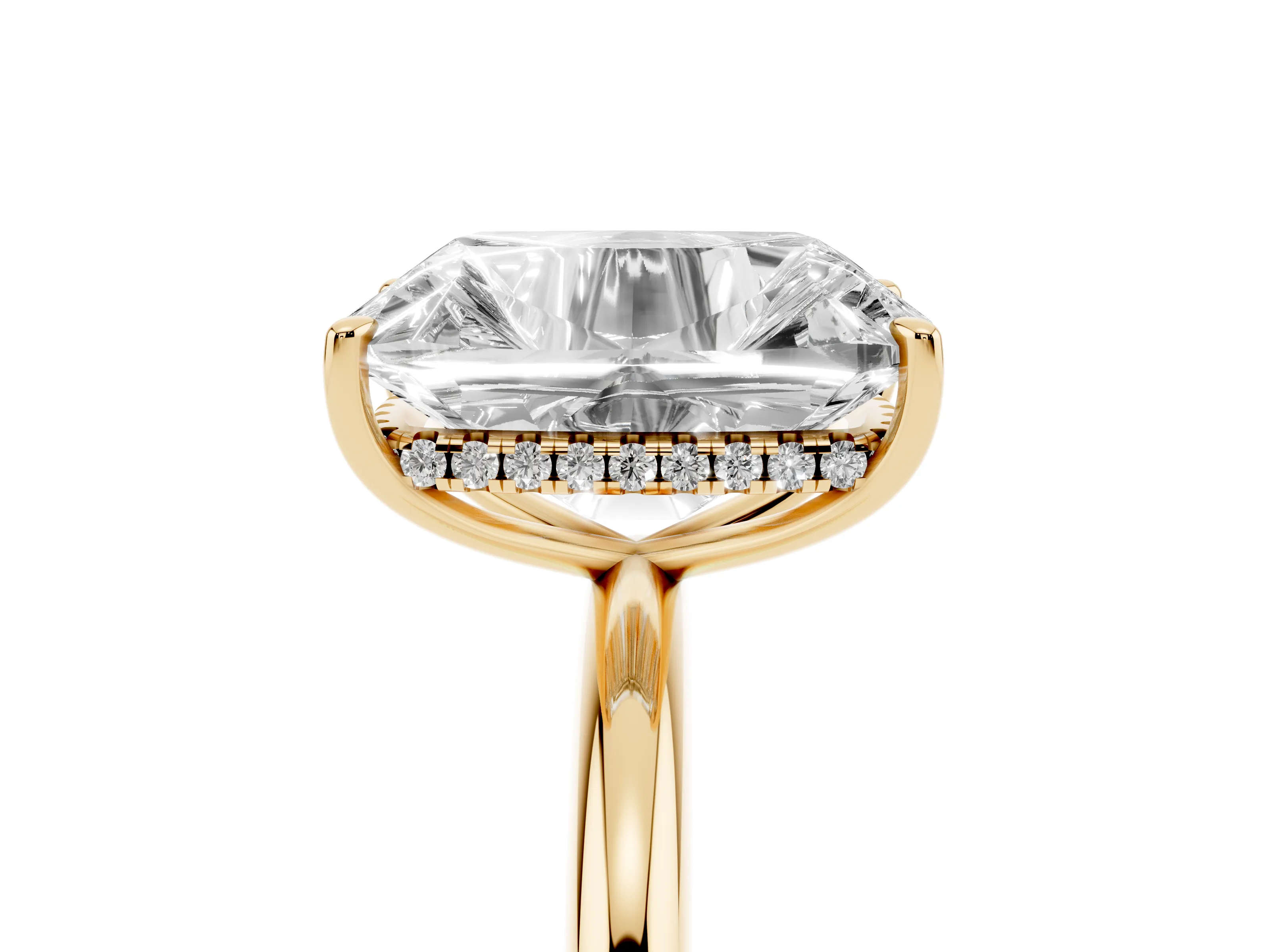 Old Mine Elongated Cushion Diamond Solitaire Ring Set in Yellow gold with Four Prong Setting and Plain Band