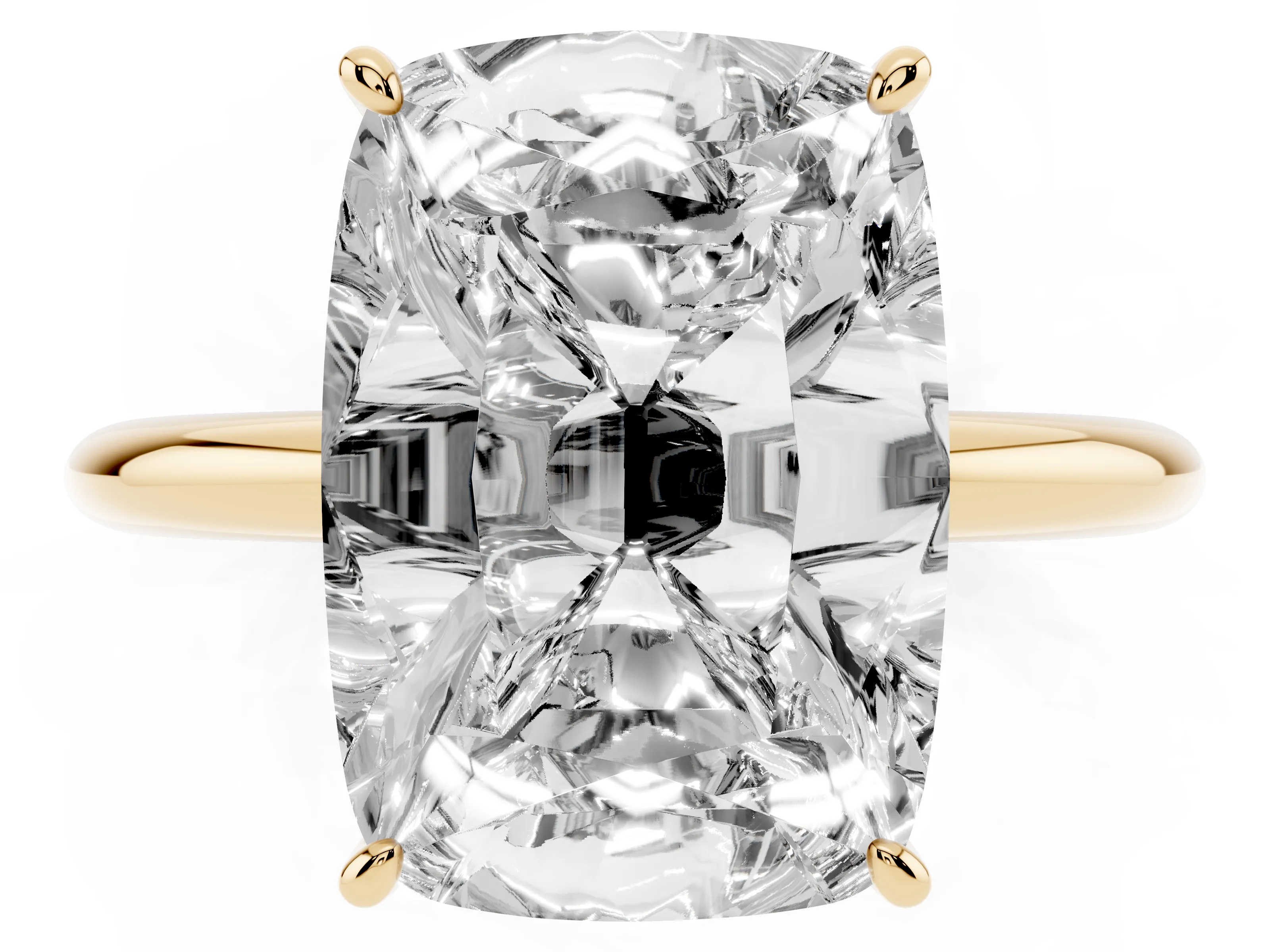 Old Mine Elongated Cushion Diamond Solitaire Ring Set in Yellow gold with Four Prong Setting and Plain Band