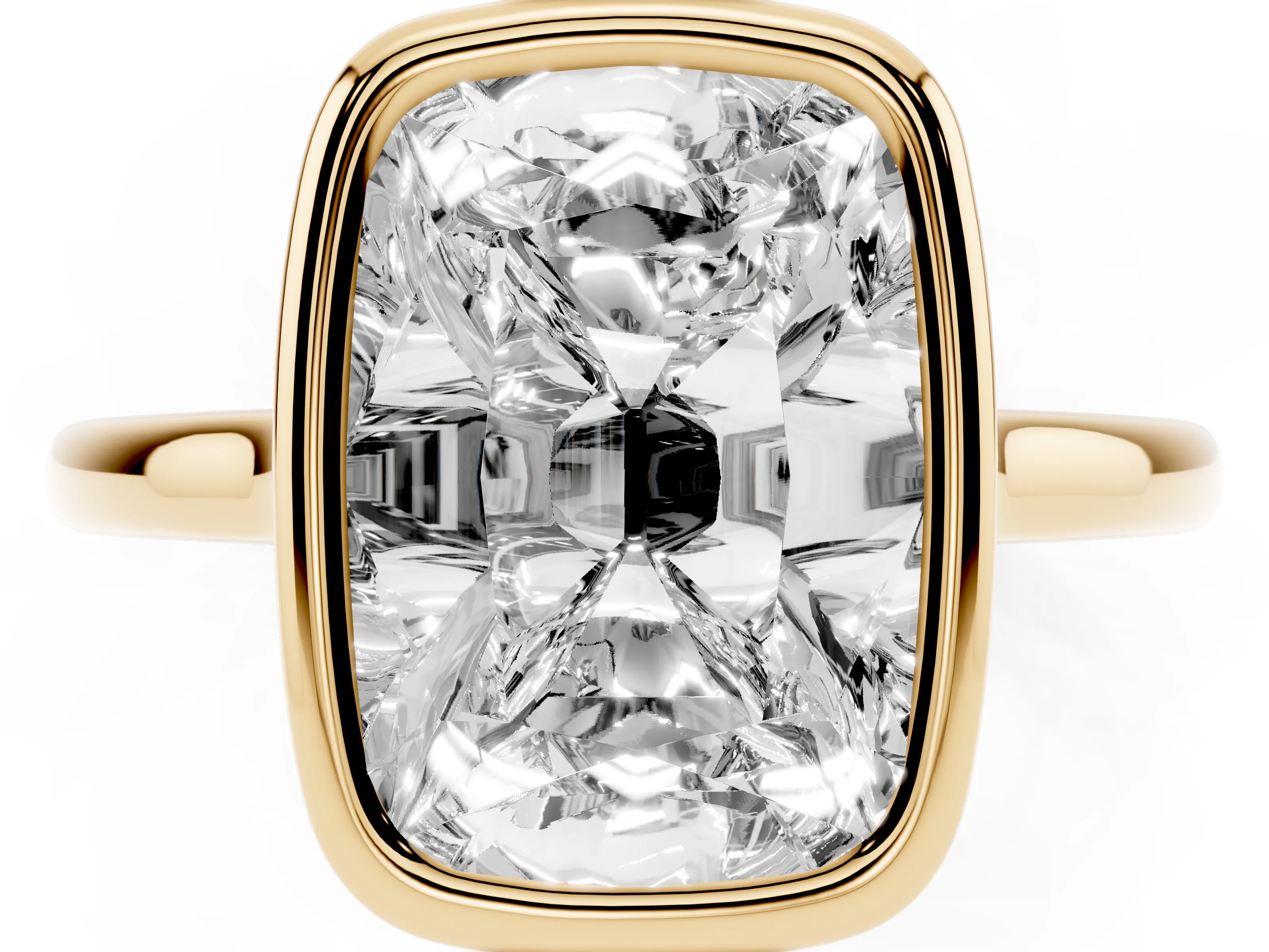 Old Mine Elongated Cushion Diamond Solitaire Ring Set in Yellow gold with Bezel Setting