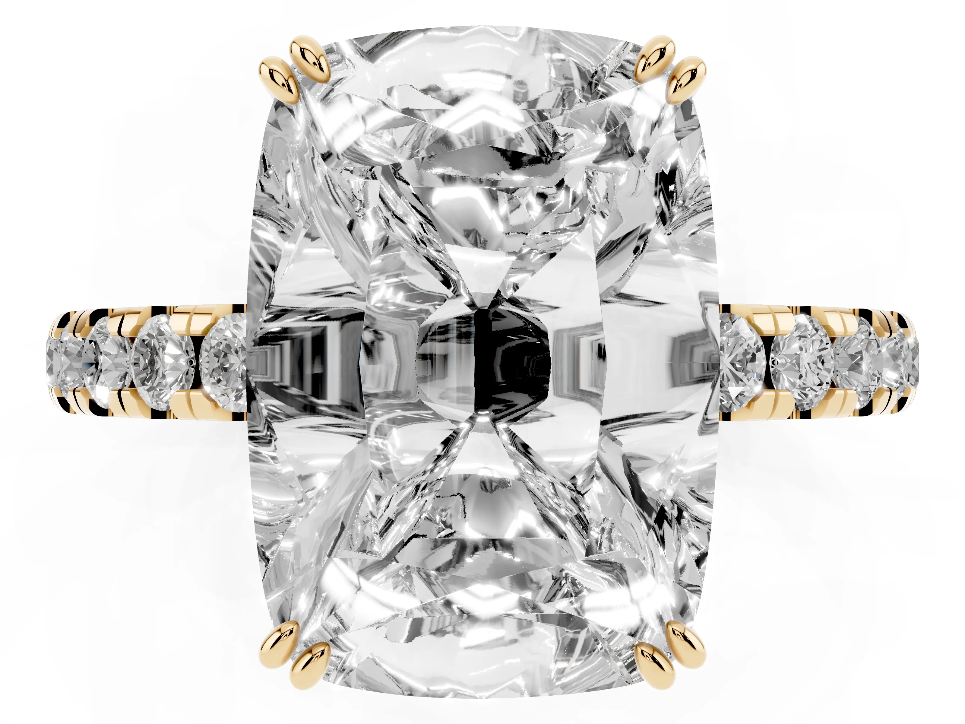 Old Mine Elongated Cushion Diamond Ring Set in Yellow gold with Pavé Band and Prong Setting