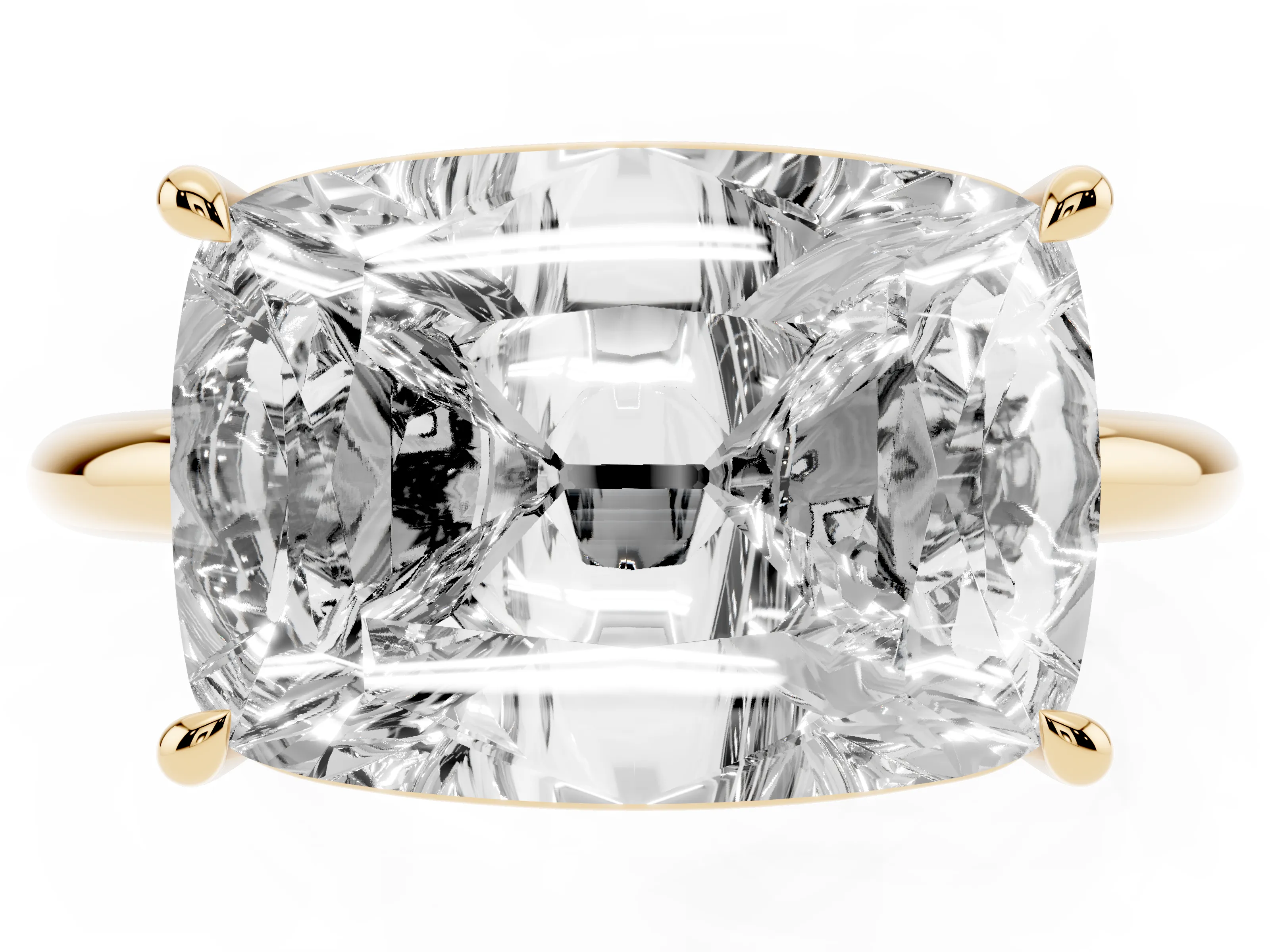 Old Mine Elongated Cushion Diamond East-West Solitaire Ring Set in Yellow gold with Bezel and Four Claw Setting