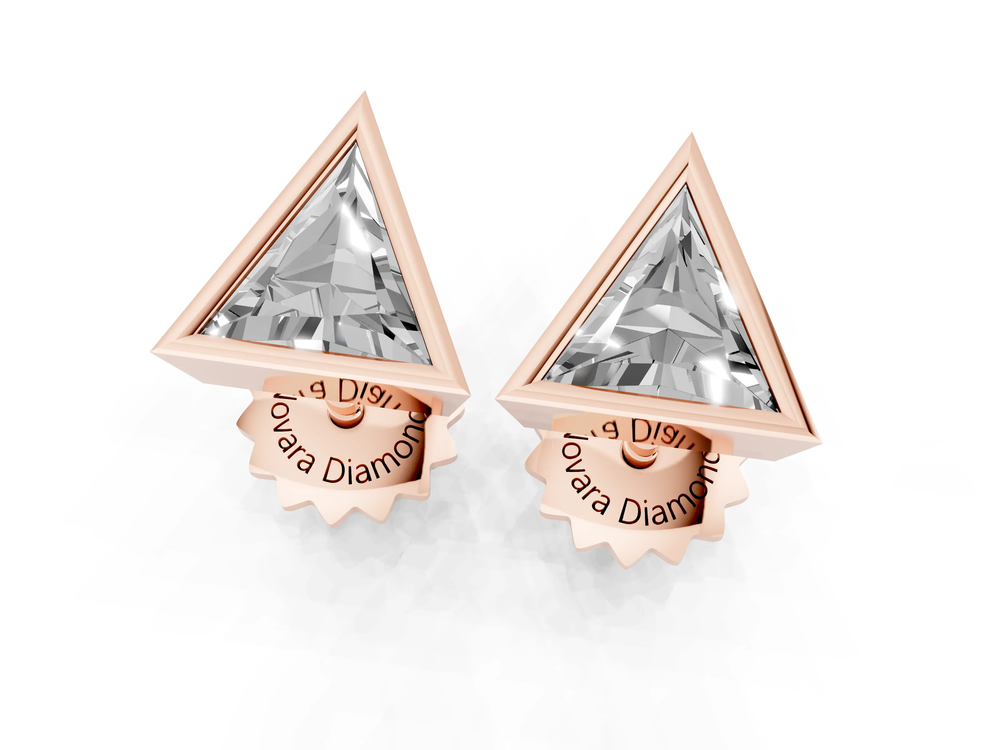 Trilliant Cut Lab-Grown Diamond Bezel Solitaire Stud Earrings | Stepped Rim | Rose Gold