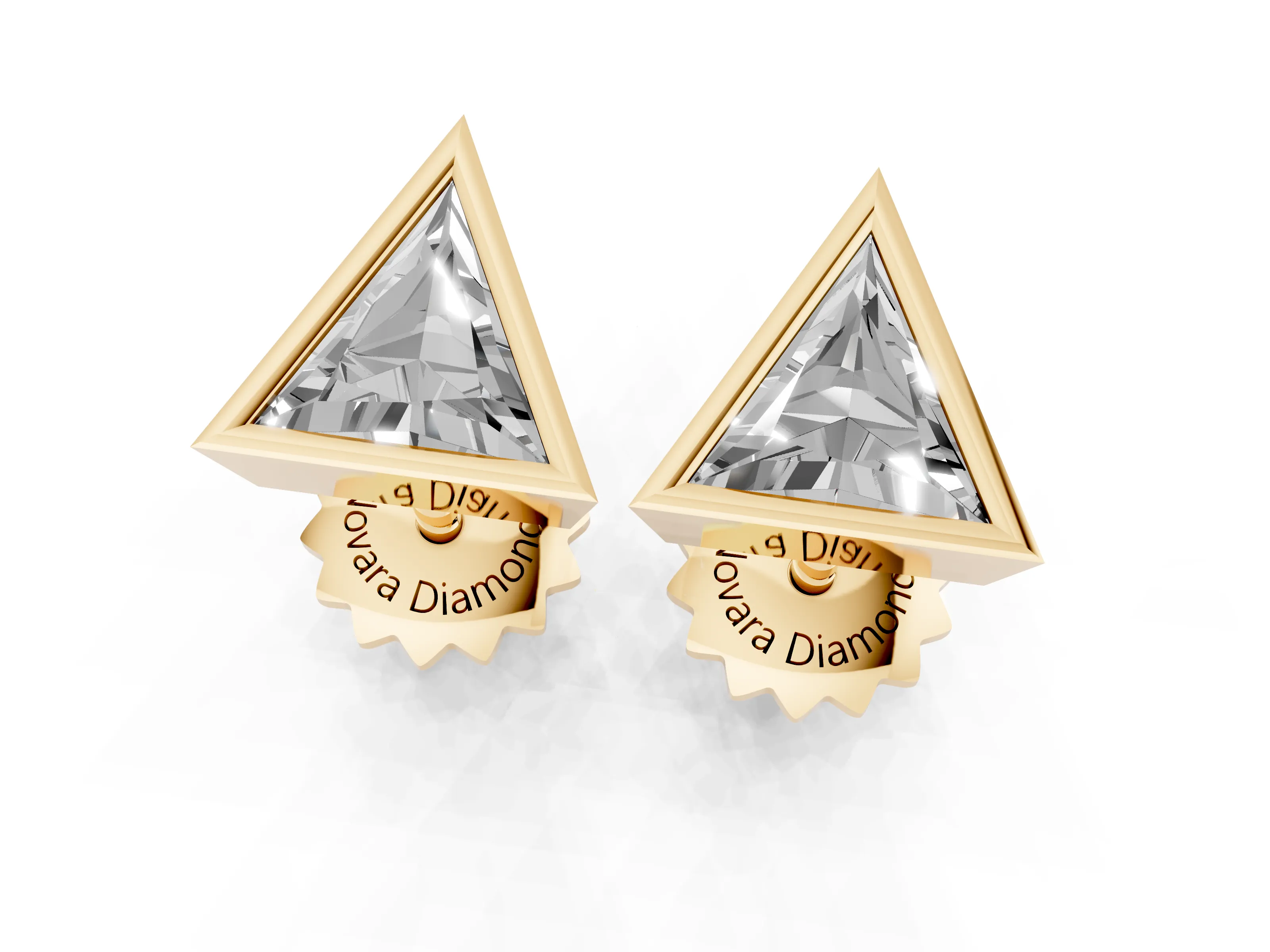 Trilliant Cut Lab-Grown Diamond Bezel Solitaire Stud Earrings | Stepped Rim | Yellow Gold