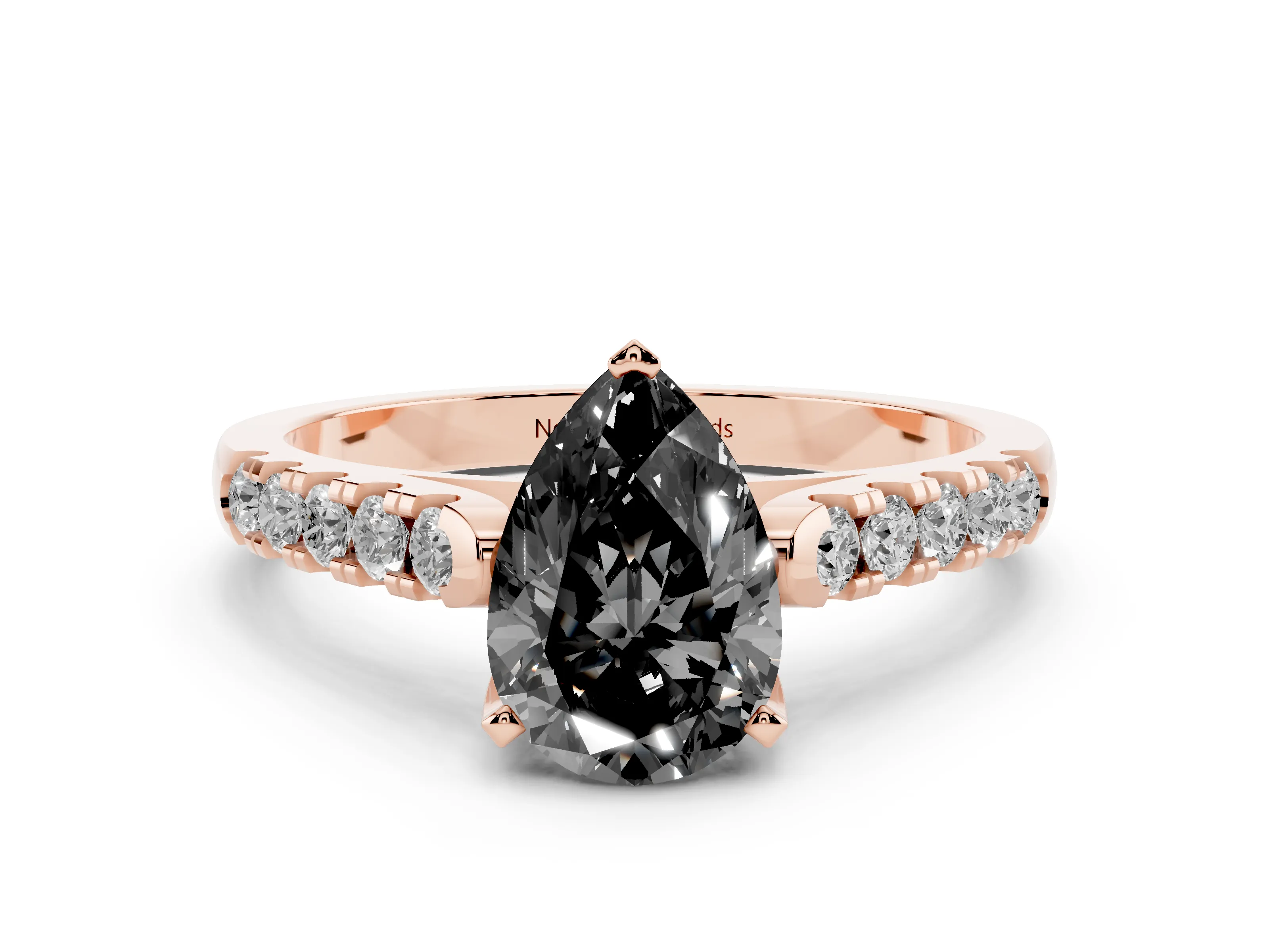 Fancy Black Pear Cut Diamond Pavé Band Solitaire Ring Set in Rose gold with Partway Accent Stones and Prong Setting