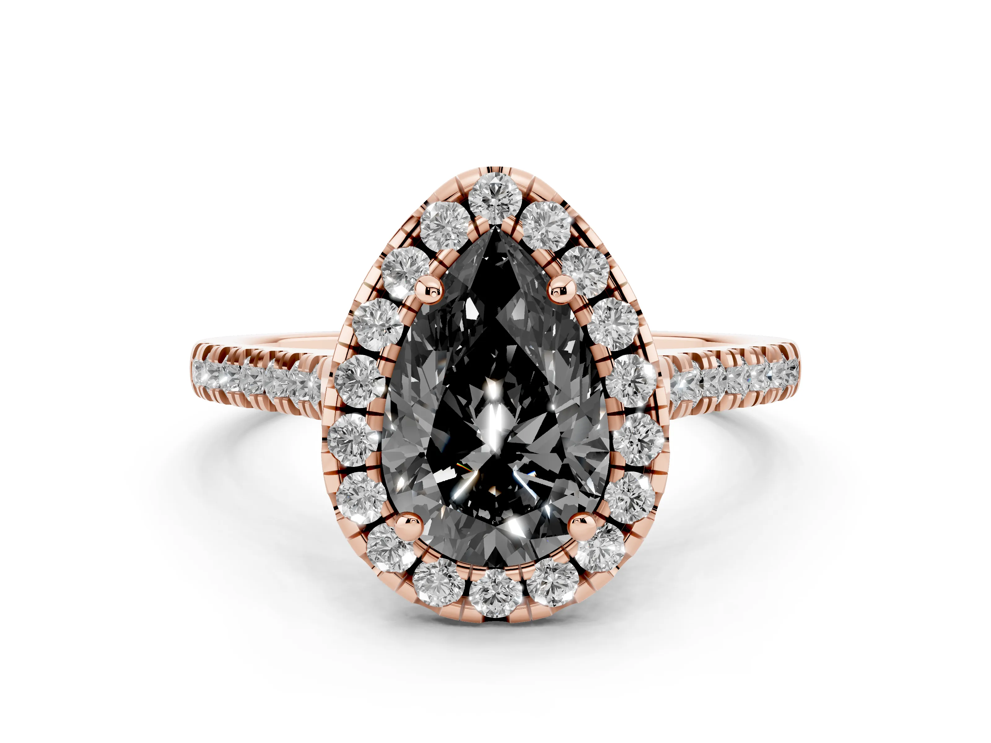 Fancy Black Pear Cut Diamond Cushion Halo Ring Set in Rose gold with Pavé Band