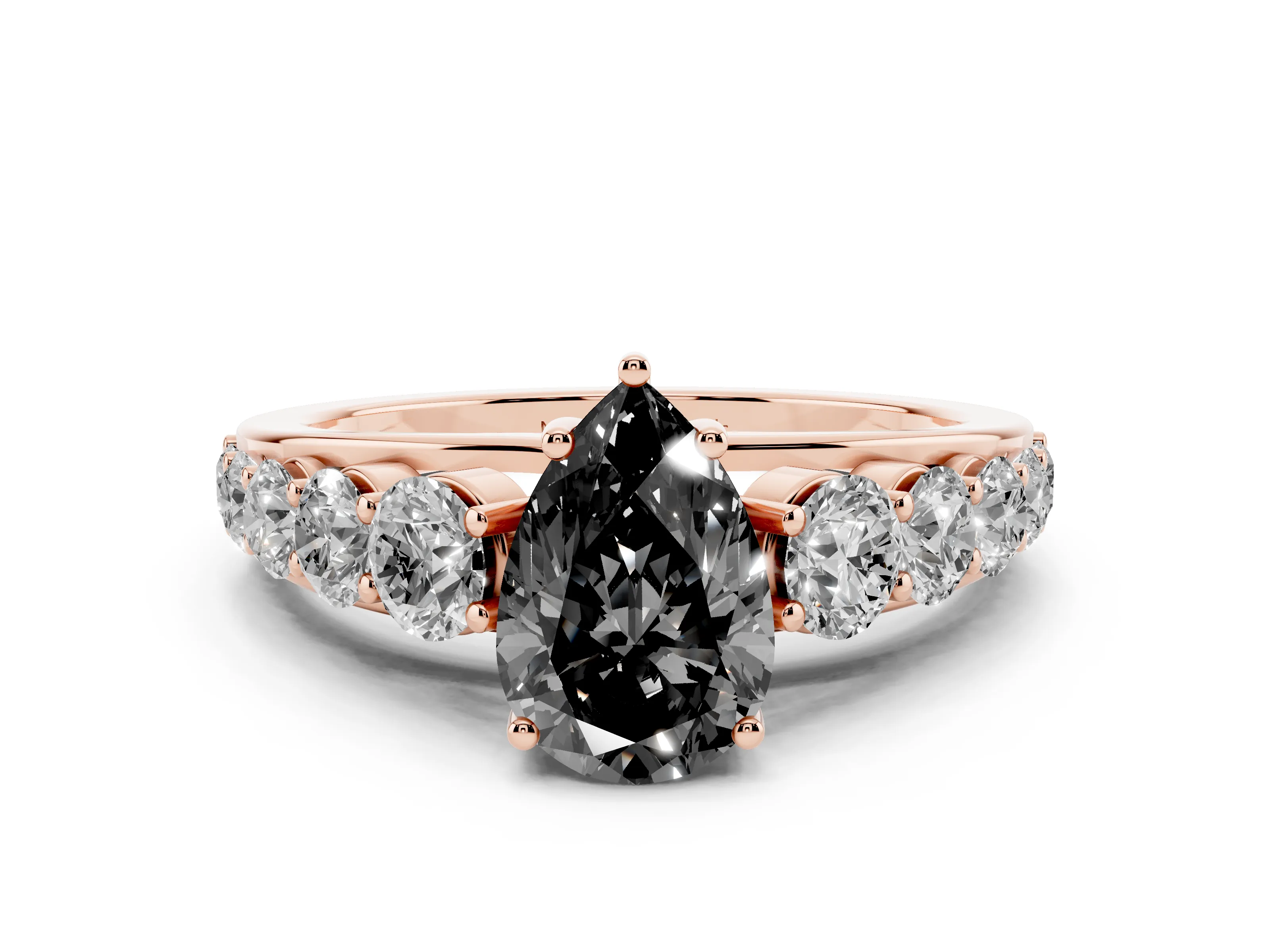 Fancy Black Pear Cut Diamond Solitaire Ring Set in Rose gold with Pavé-Set Band and Prong Setting