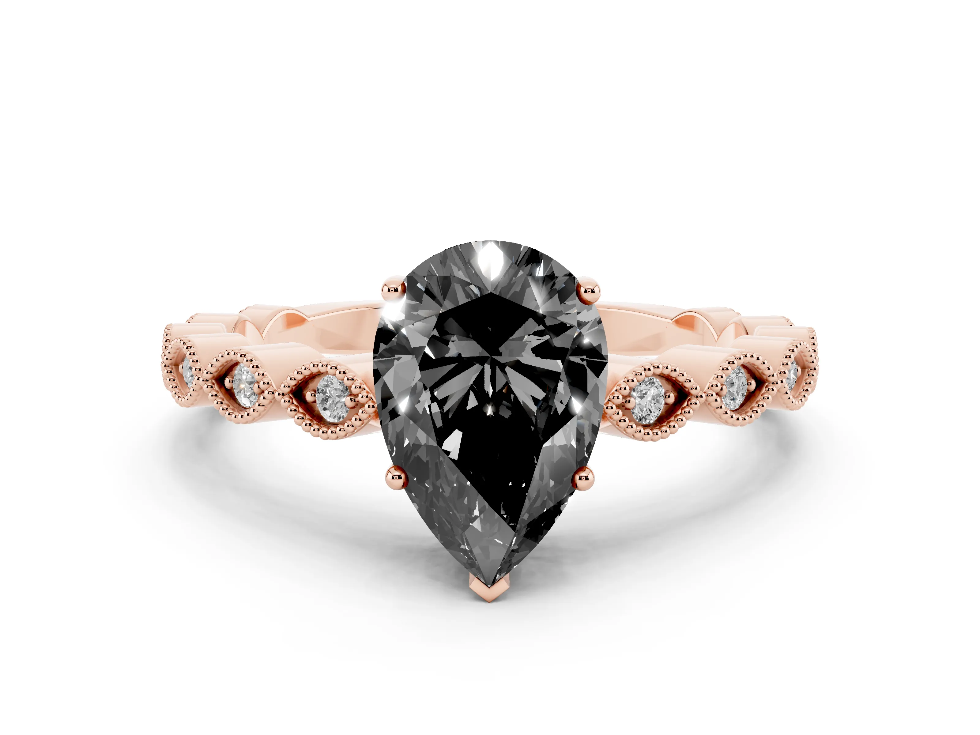 Fancy Black Pear Cut Diamond Solitaire Ring Set in Rose gold with Infinity Twist Pavé Band