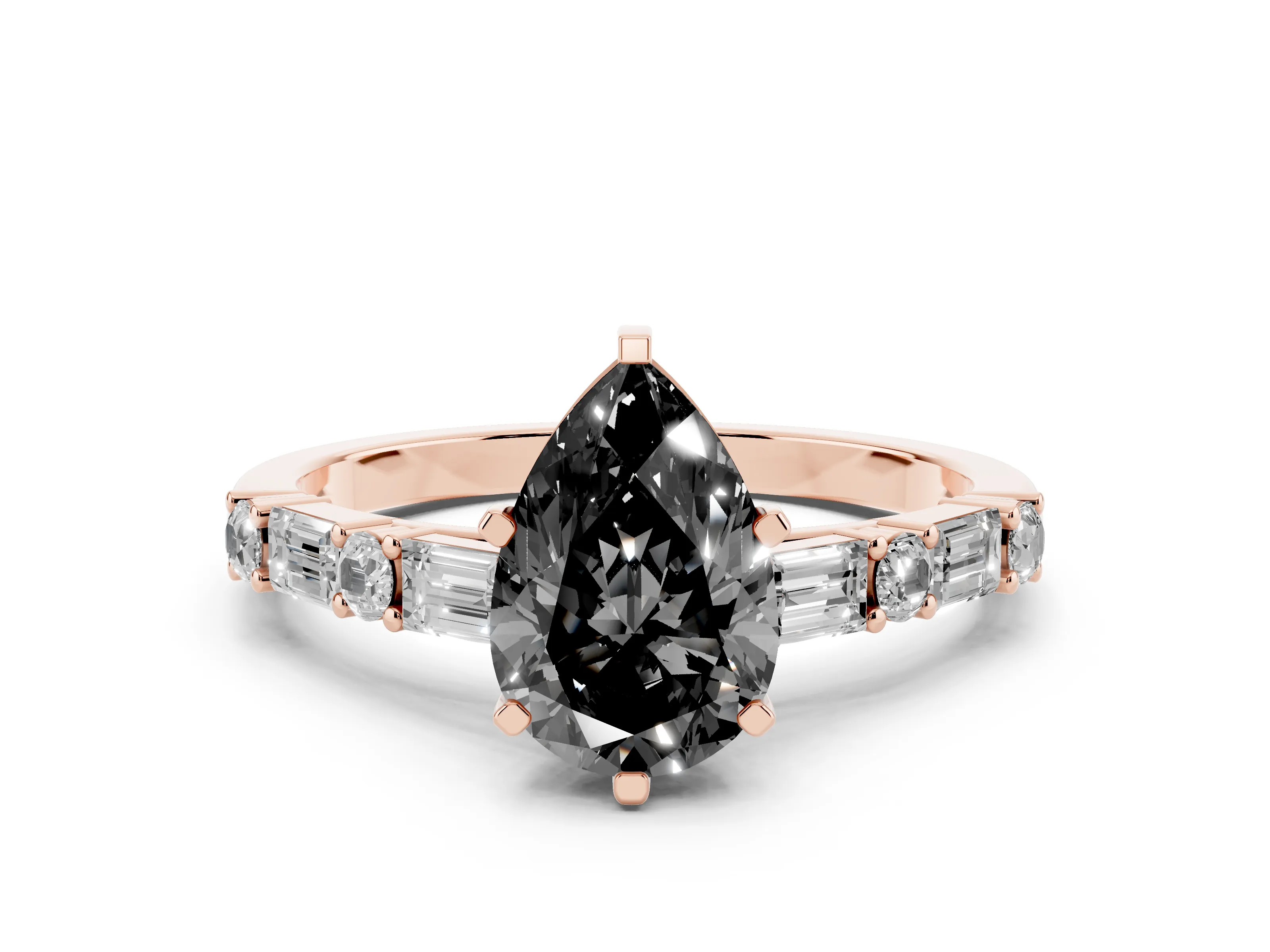 Fancy Black Pear Cut Diamond Solitaire Set in Rose gold with Side Baguettes and Channel Set Band