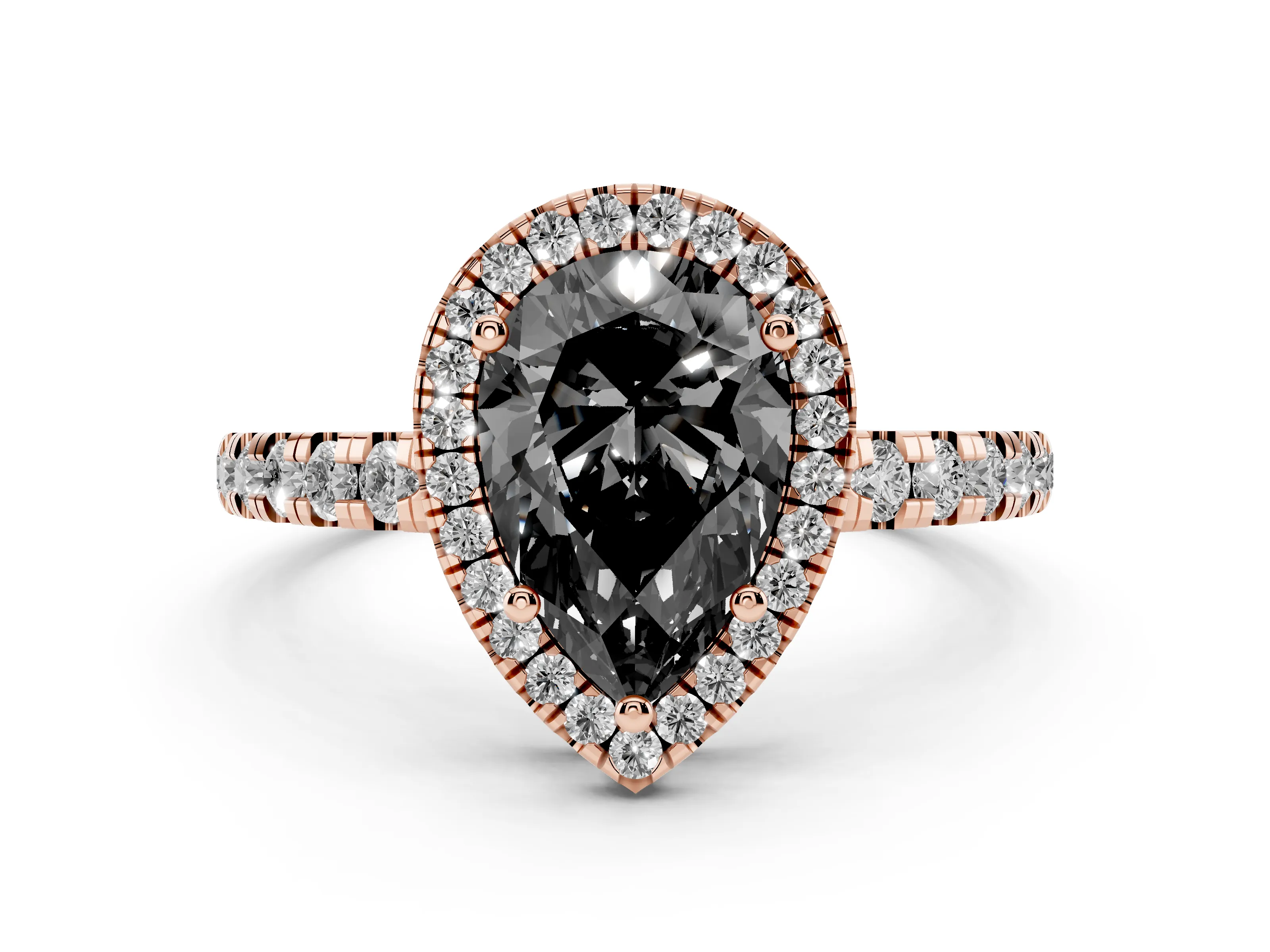 Fancy Black Pear Cut Diamond Halo Ring Set in Rose gold with Delicate Pavé Band and Prong Setting