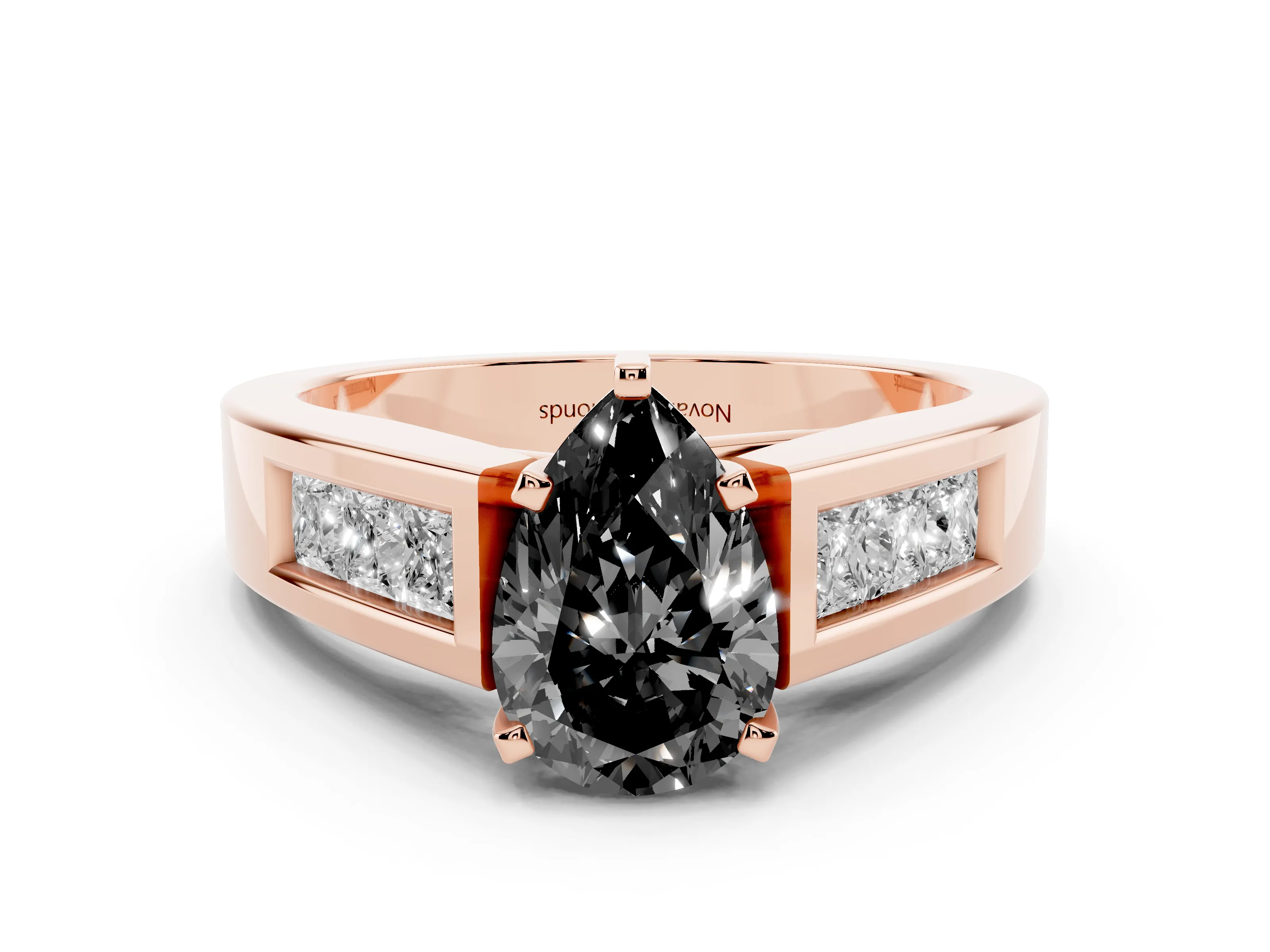 Fancy Black Pear Cut Diamond Solitaire Ring Set in Rose gold with Channel-Set Accent Stones and Prong Setting