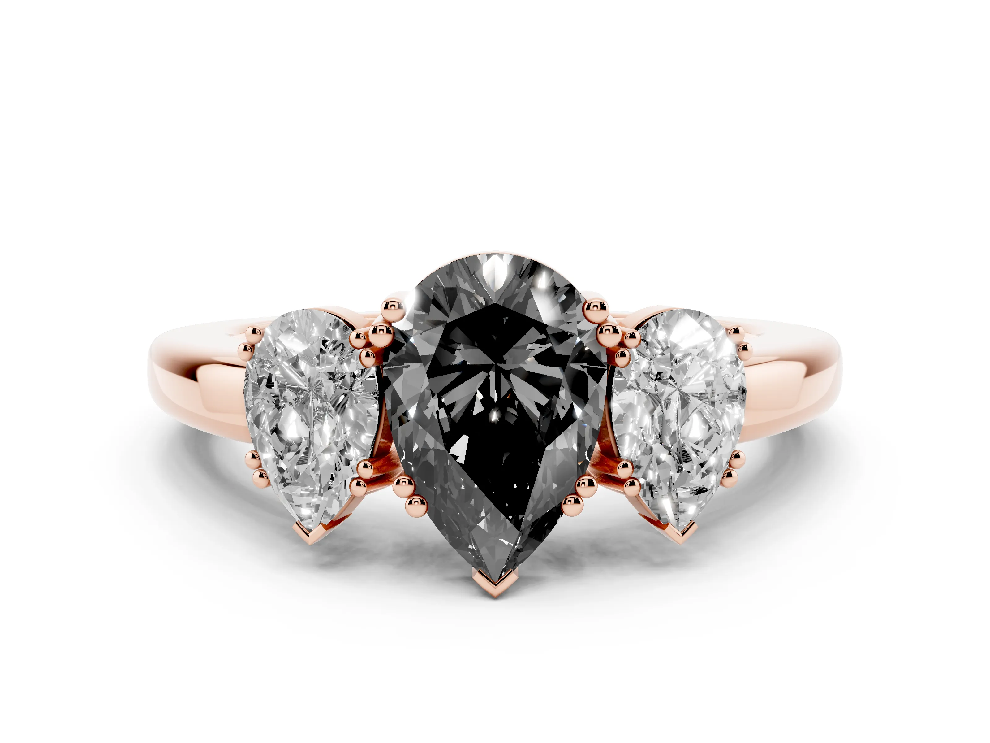 Fancy Black Pear Cut Diamond Three-Stone Ring Set in Rose gold with Polished Channel-Set Band