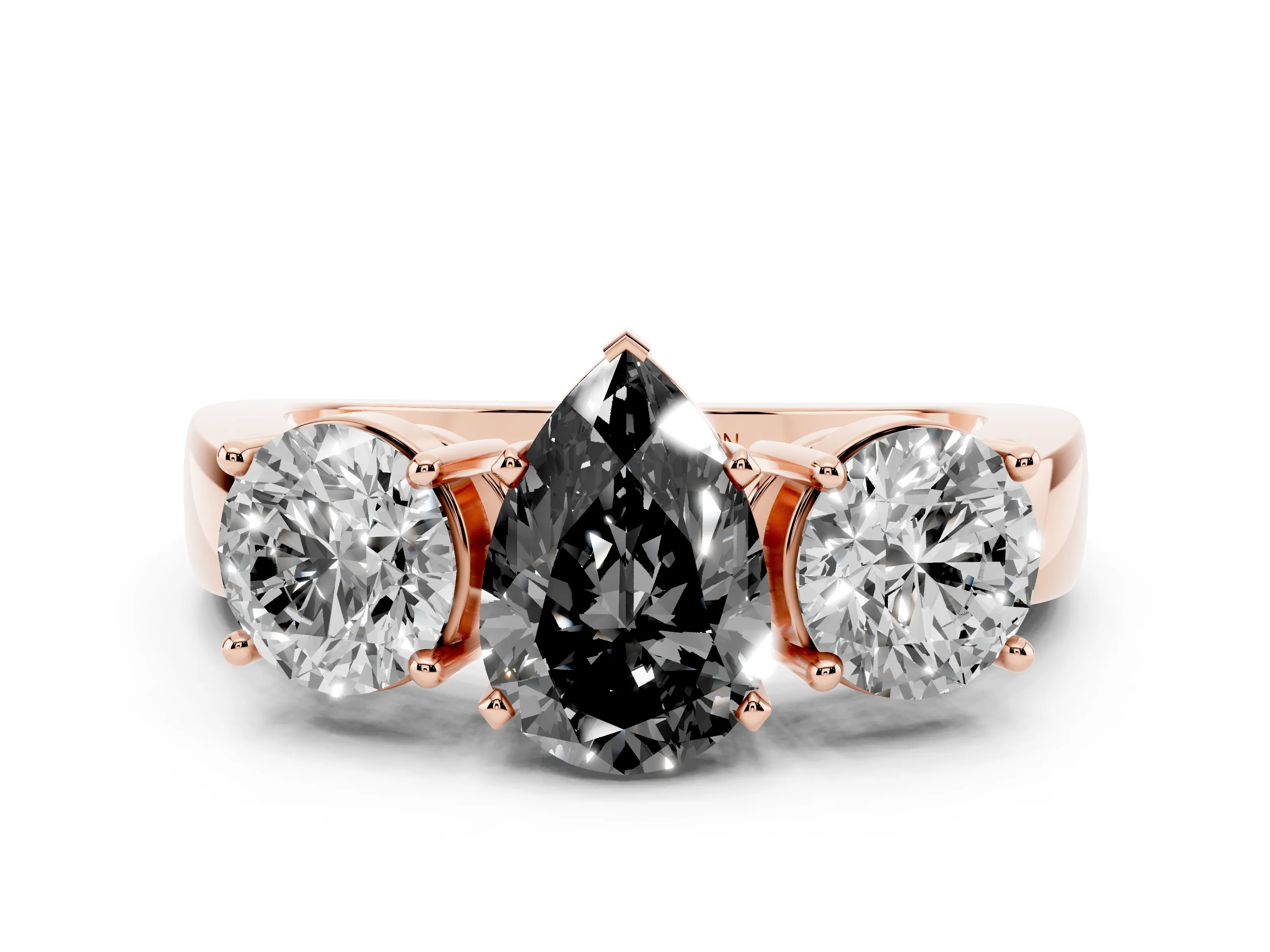 Fancy Black Pear Cut Diamond Three-Stone Ring Set in Rose gold with Round Side Stones and Classic Band