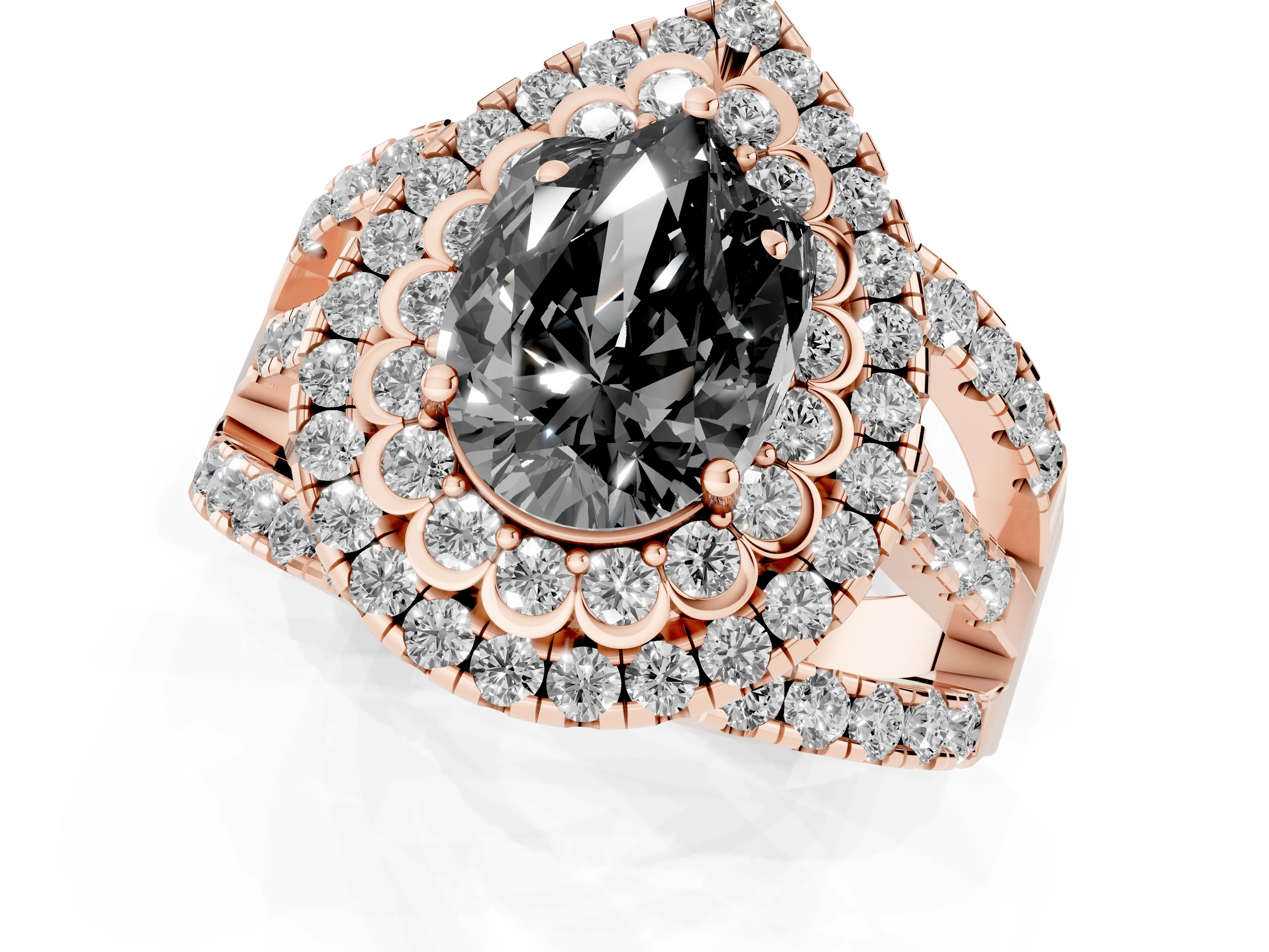 Fancy Black Pear Cut Diamond Double Halo Ring Set in Rose gold with Round Pavé Split Shank