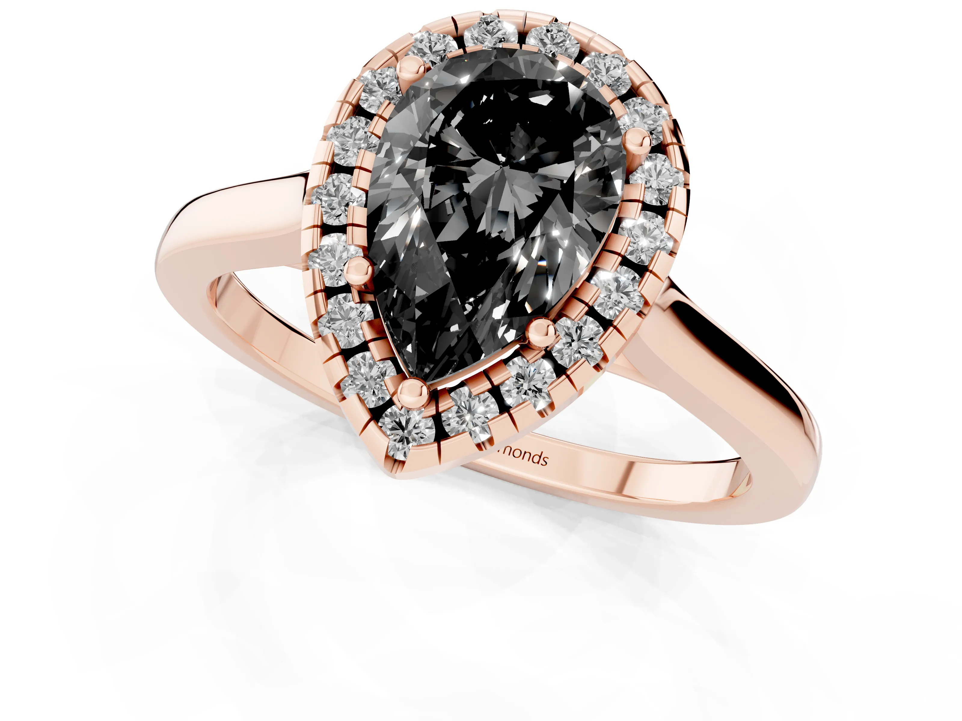 Fancy Black Pear Cut Halo Round Diamond Solitaire Ring Set in Rose gold with Pavé Band and Prong Setting