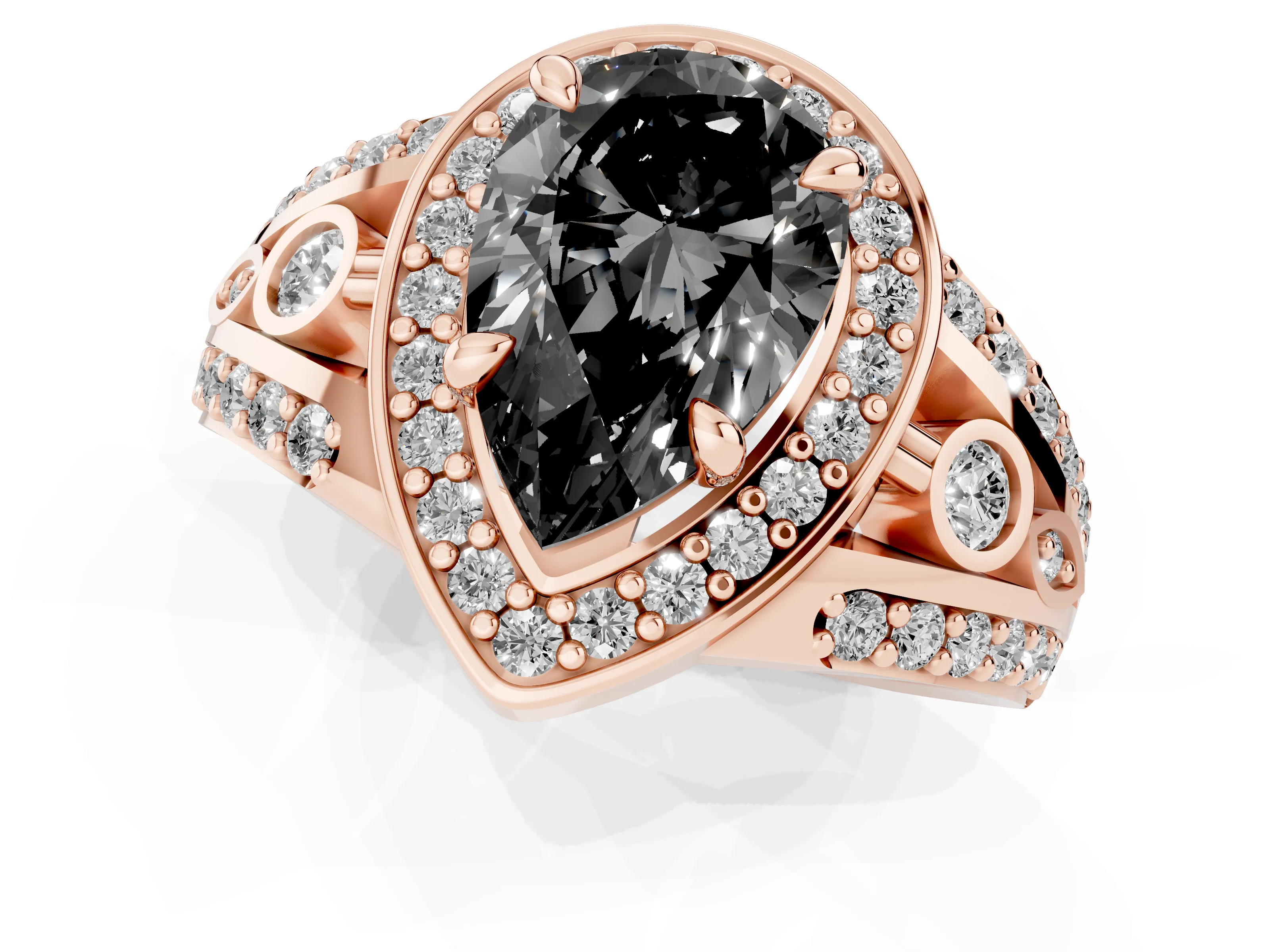 Fancy Black Pear Cut Diamond Halo Ring Set in Rose gold with Pavé Split Shank and Bezel Accents