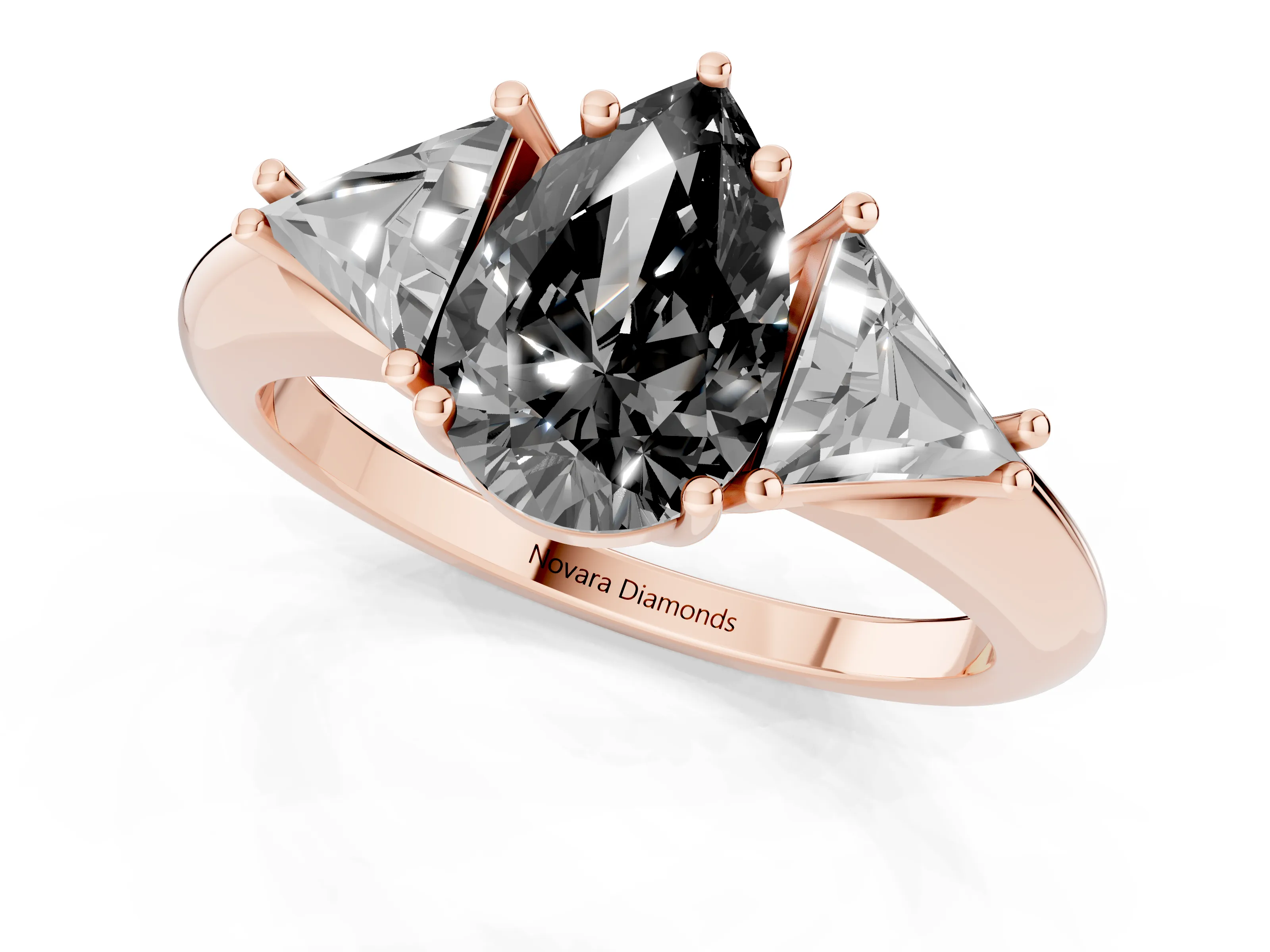 Fancy Black Pear Cut Diamond Three-Stone Engagement Ring Set in Rose gold with Trillion Side Stones