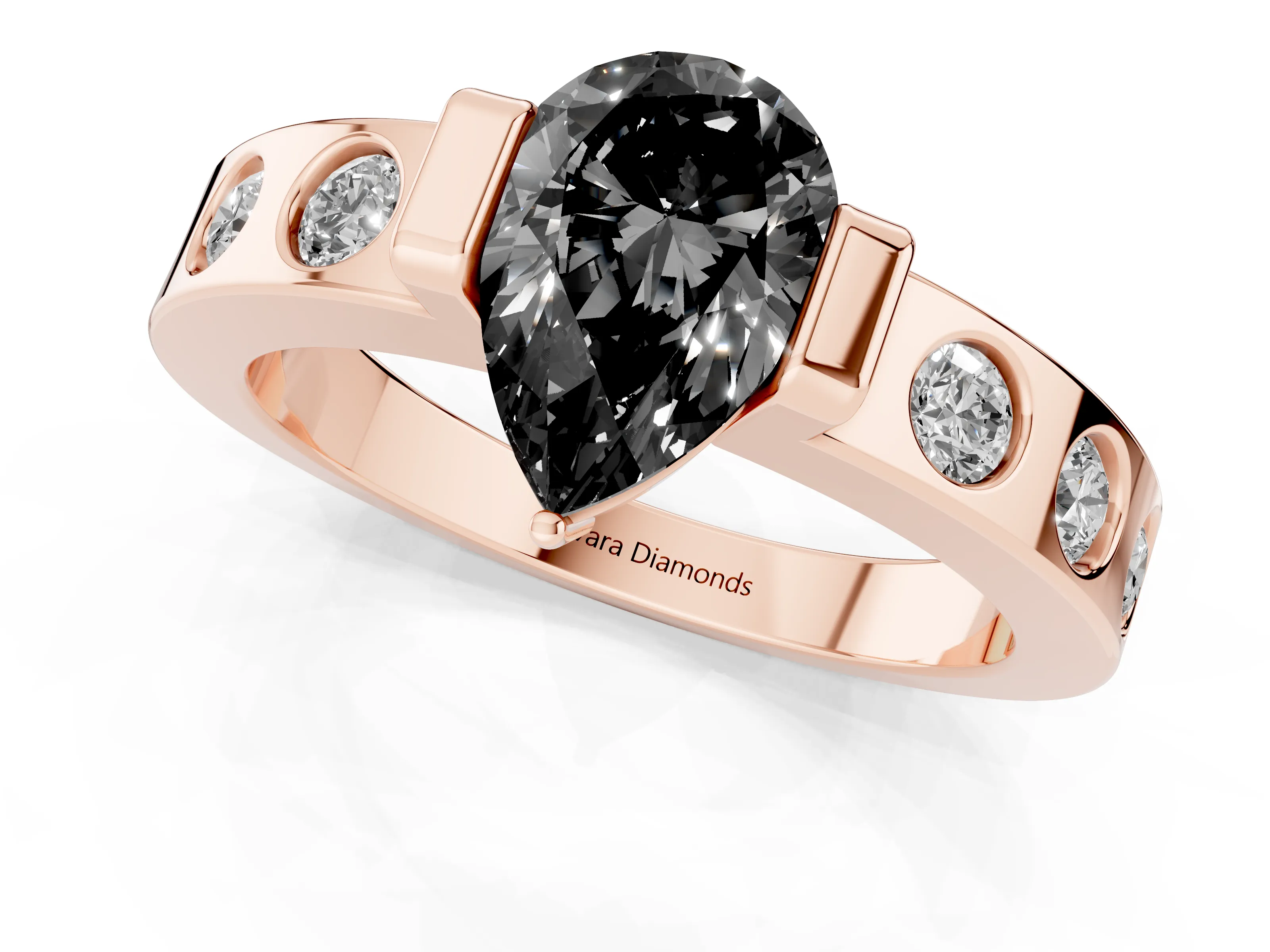 Fancy Black Pear Cut Diamond Channel-Set Band Ring Set in Rose gold with Bezel Prong Setting