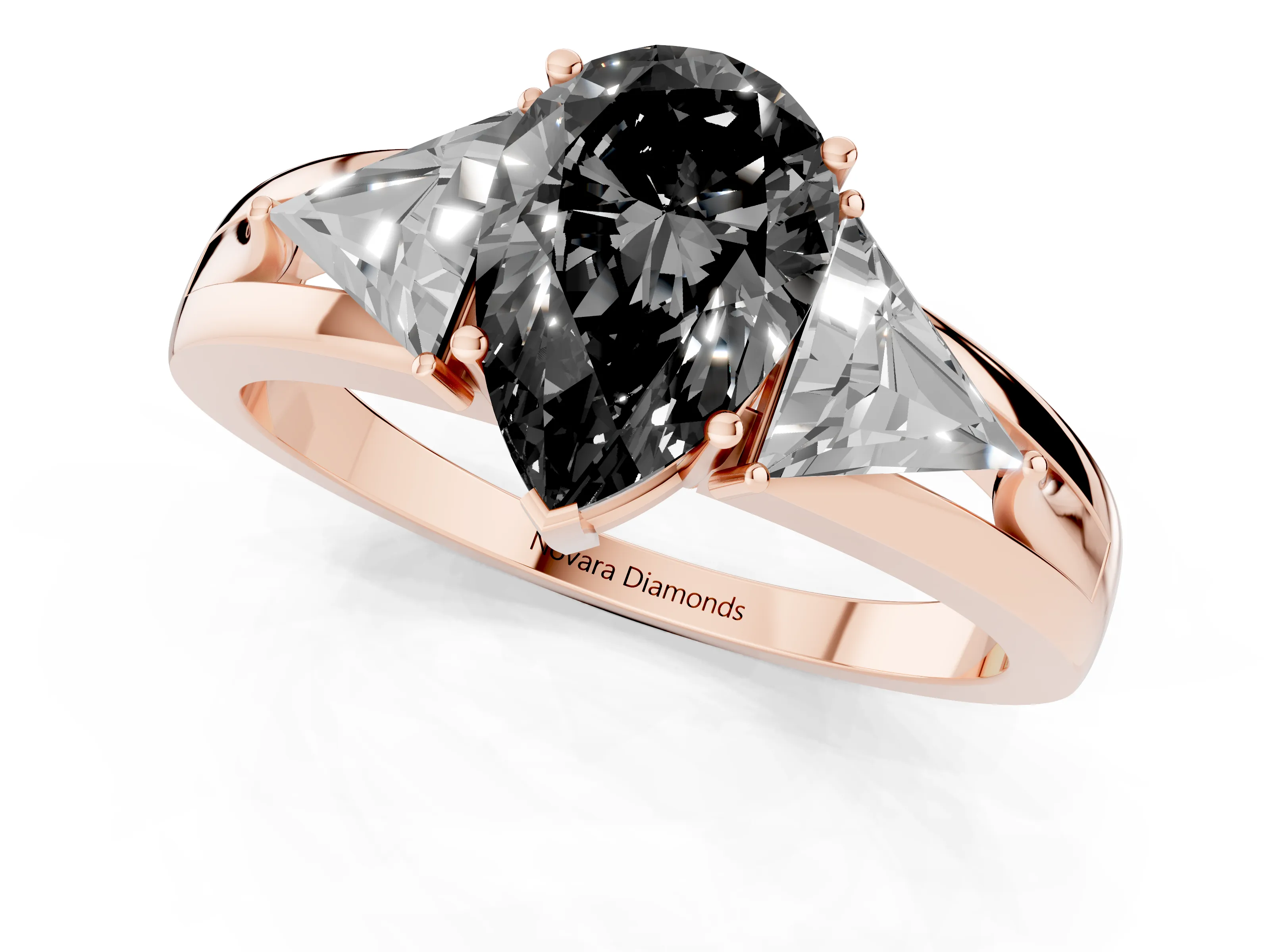 Fancy Black Pear Cut Diamond Three-Stone Ring Set in Rose gold with Trillion Side Stones and Split Shank