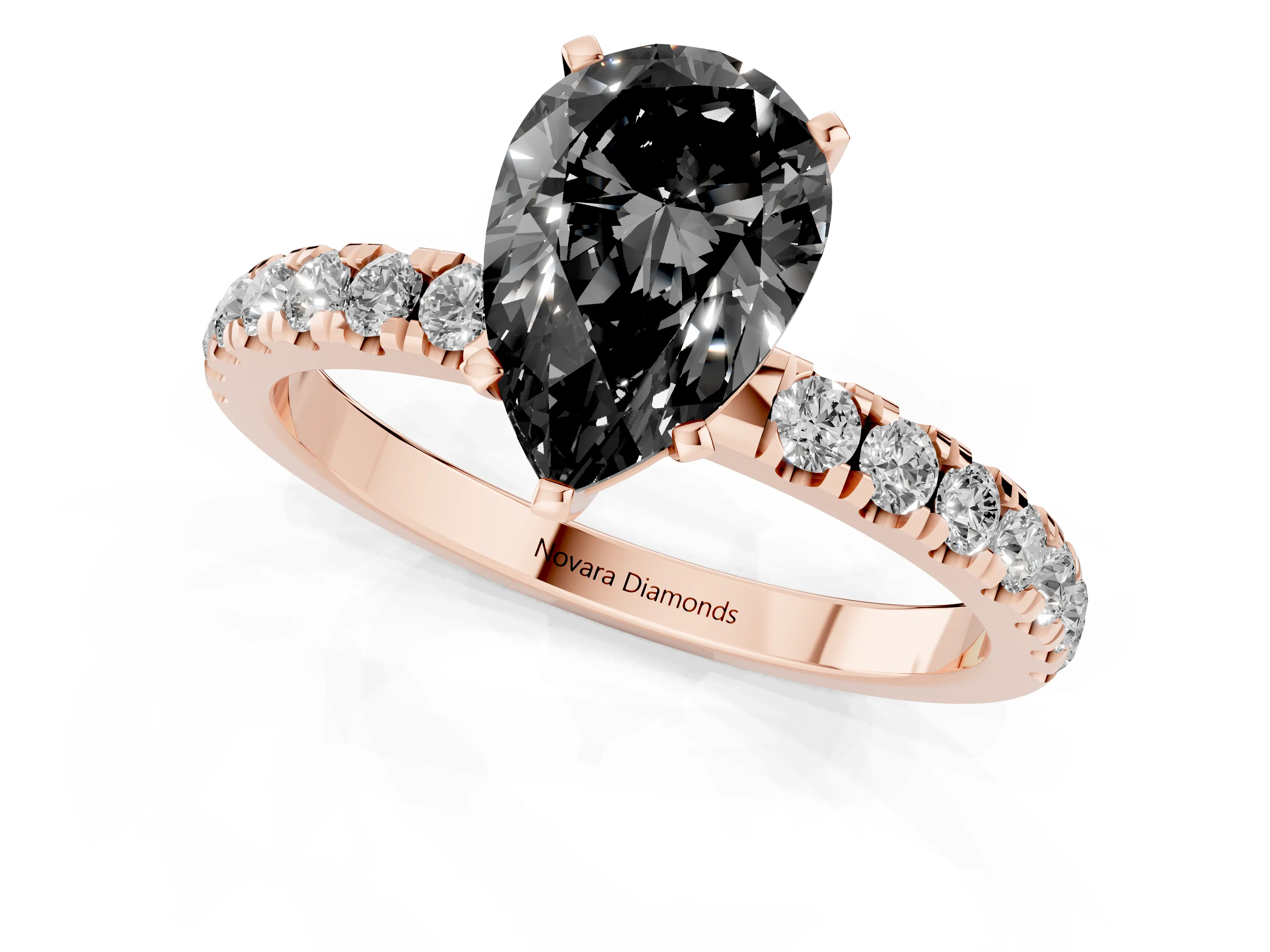 Fancy Black Pear Cut Diamond Solitaire Ring Set in Rose gold with Pavé Accents and Prong Setting