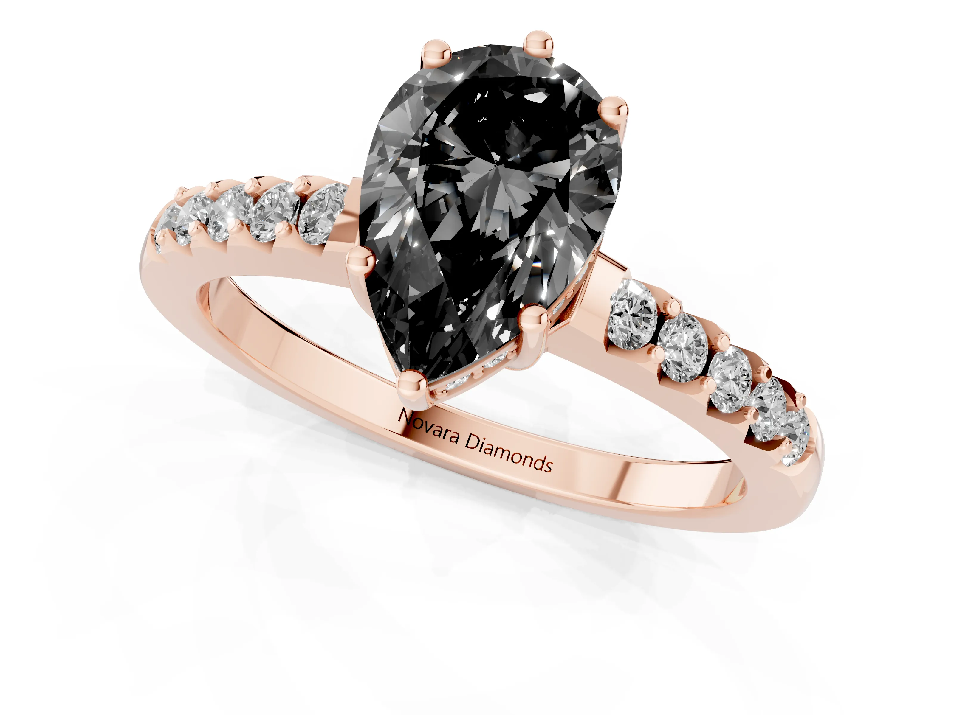 Fancy Black Pear Cut Diamond Solitaire Engagement Ring Set in Rose gold with Pavé Band and Prong Setting