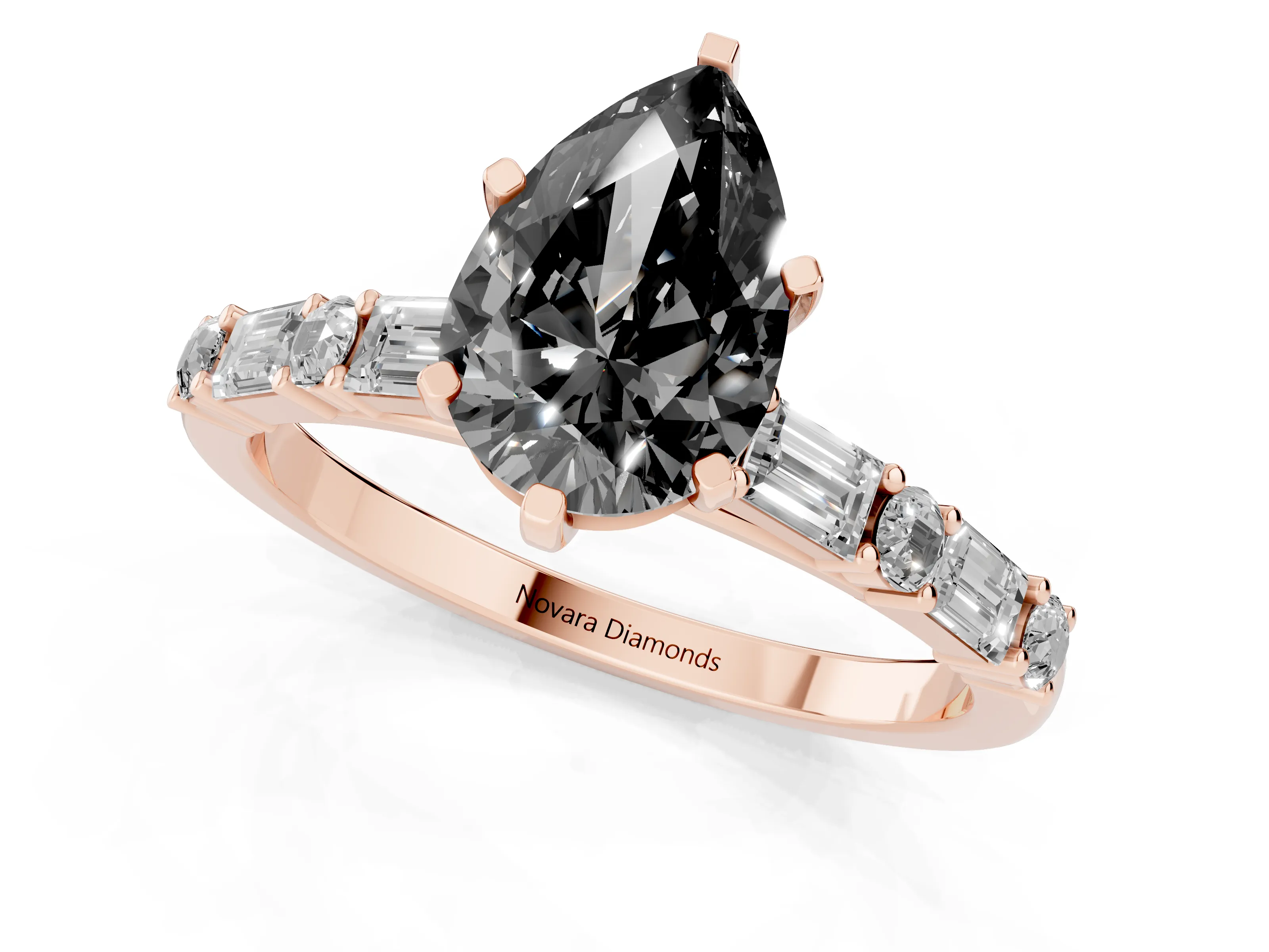 Fancy Black Pear Cut Diamond Solitaire Set in Rose gold with Side Baguettes and Channel Set Band
