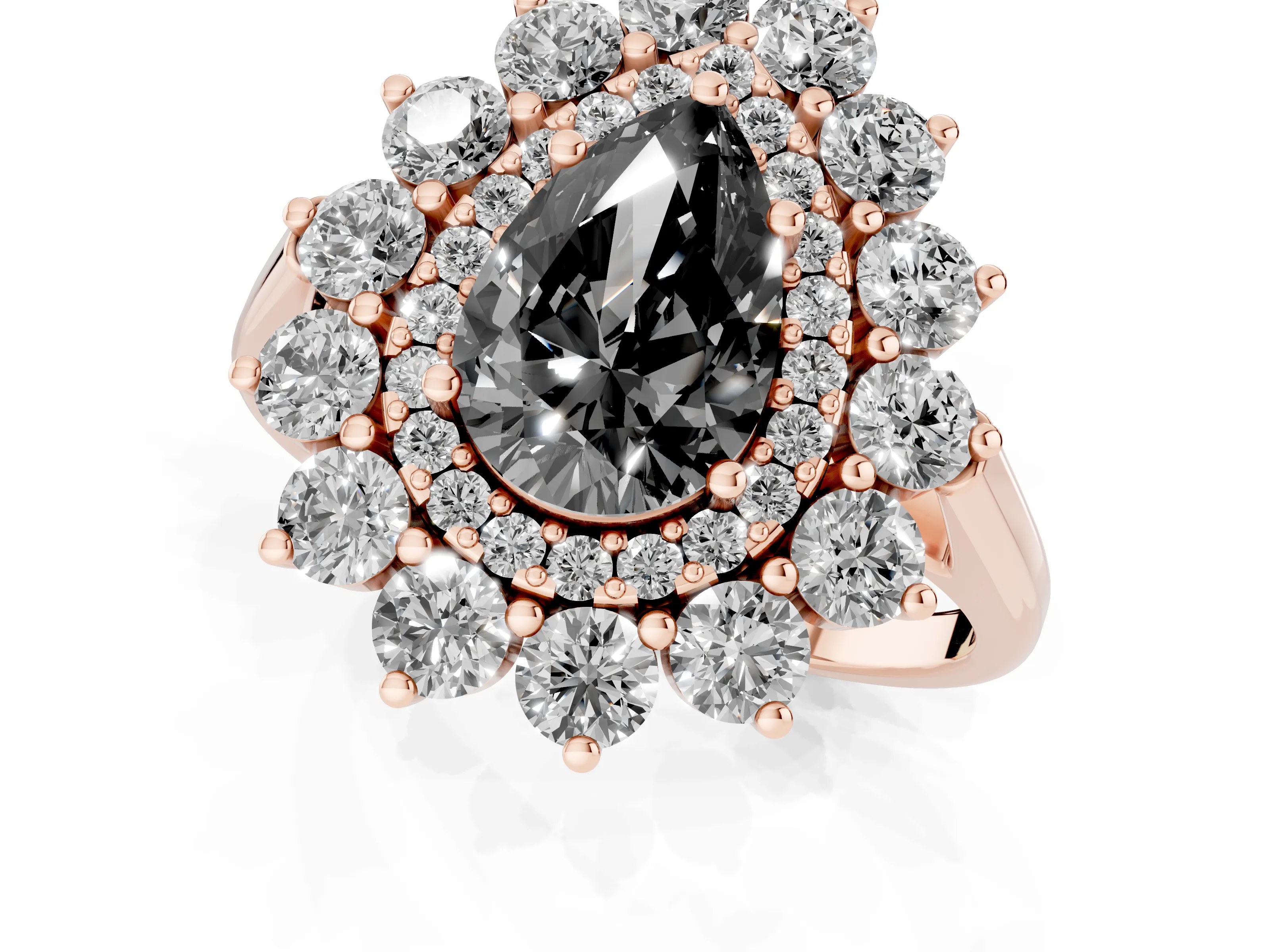 Fancy Black Pear Cut Diamond Floral Double Halo Ring Set in Rose gold with Round Petals