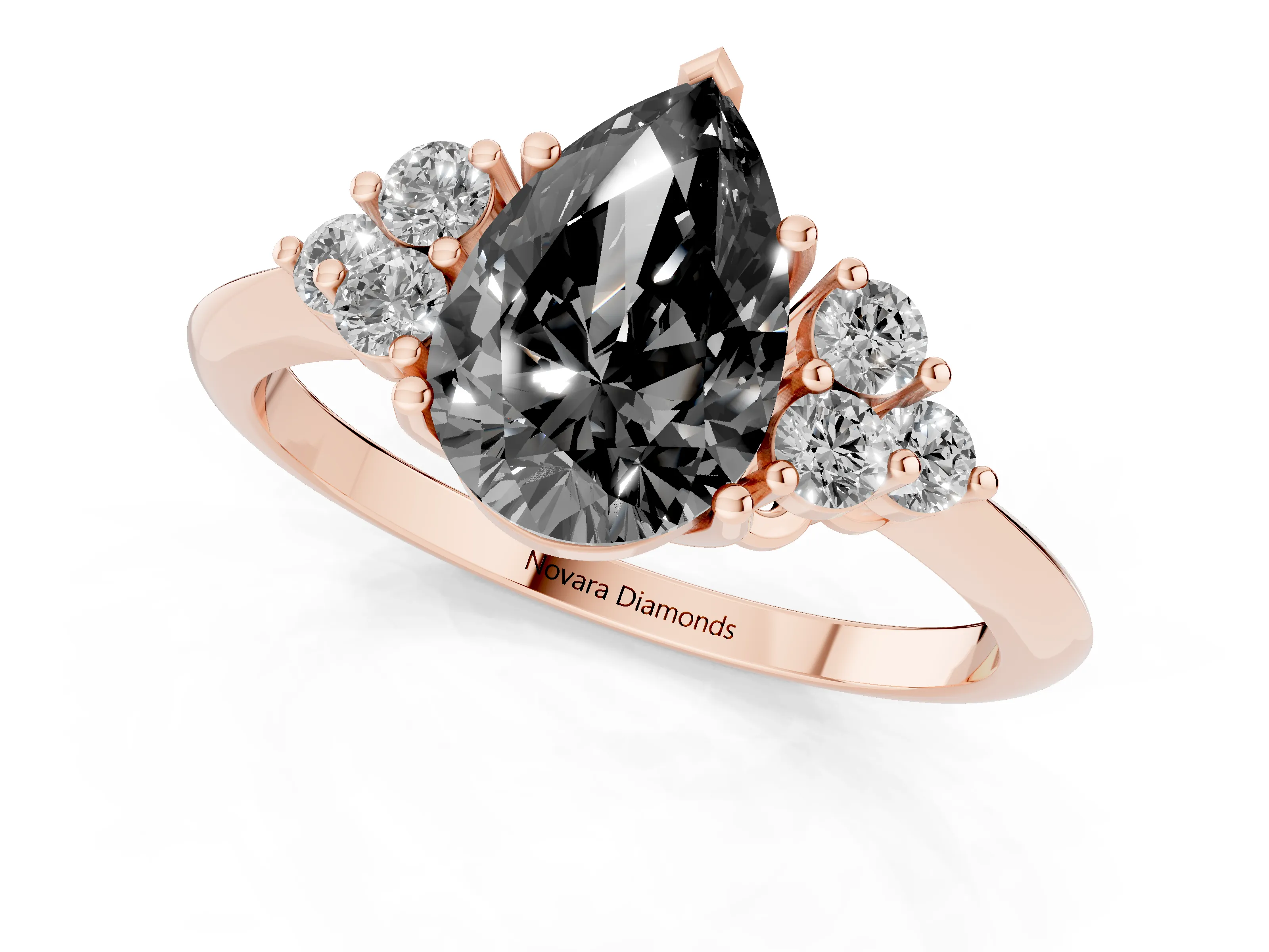 Fancy Black Pear Cut Diamond Cluster Ring Set in Rose gold with Plain Band and Prong Setting