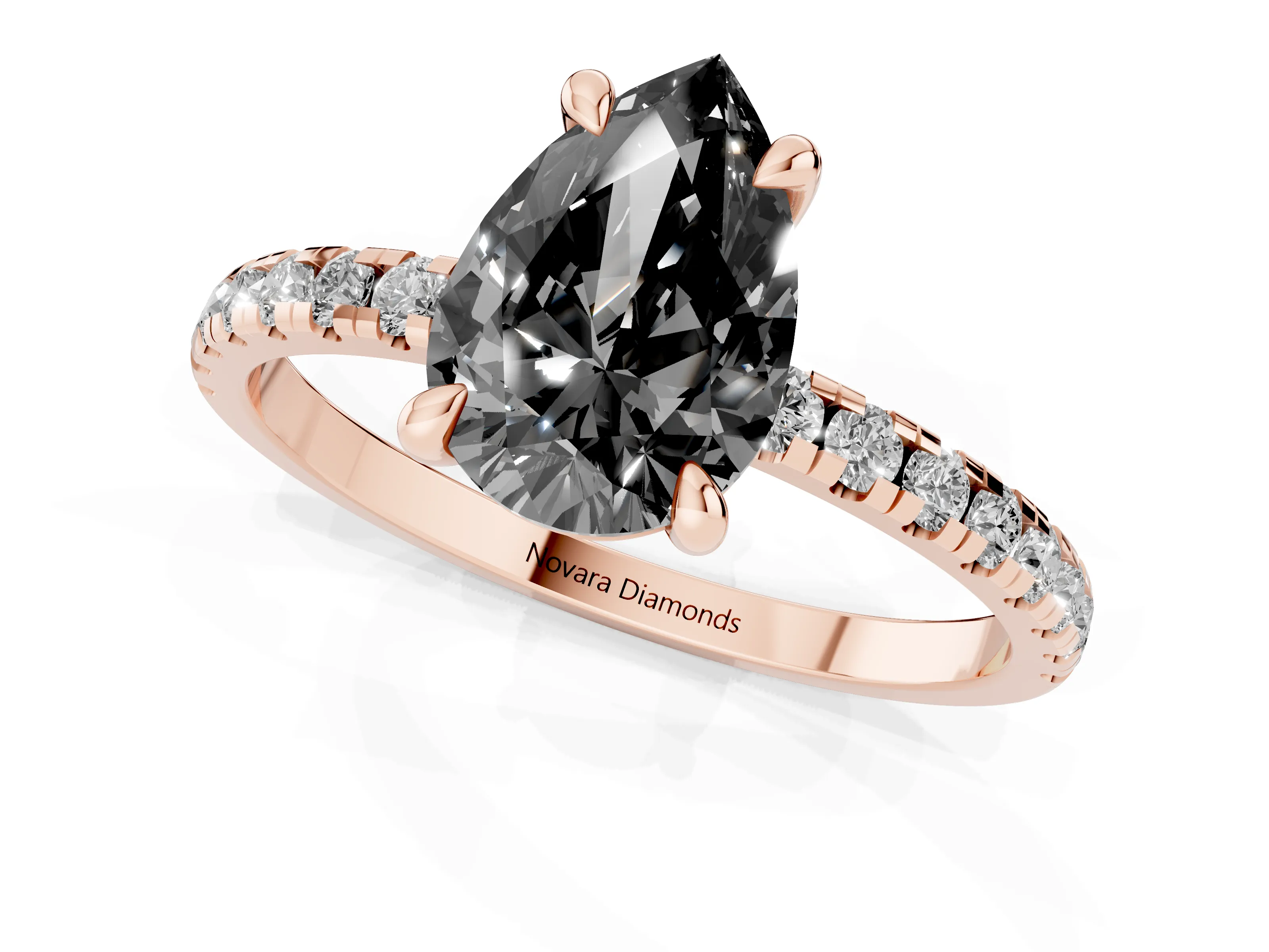 Fancy Black Pear Cut Diamond Brilliant Solitaire Ring Set in Rose gold with Pavé Band and Prong Setting