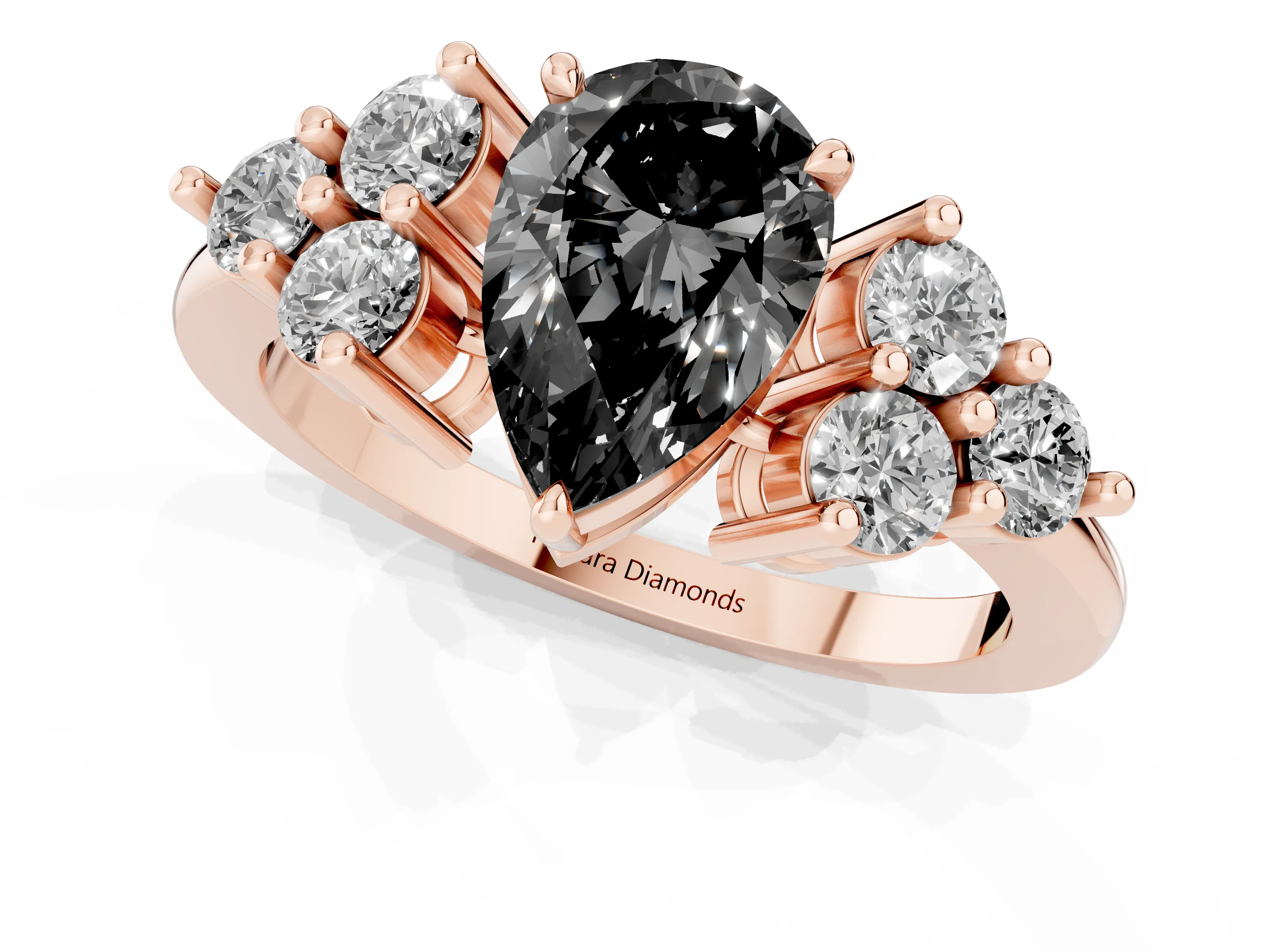 Fancy Black Pear Cut Diamond Solitaire Ring Set in Rose gold with Cluster Accents on Each Side