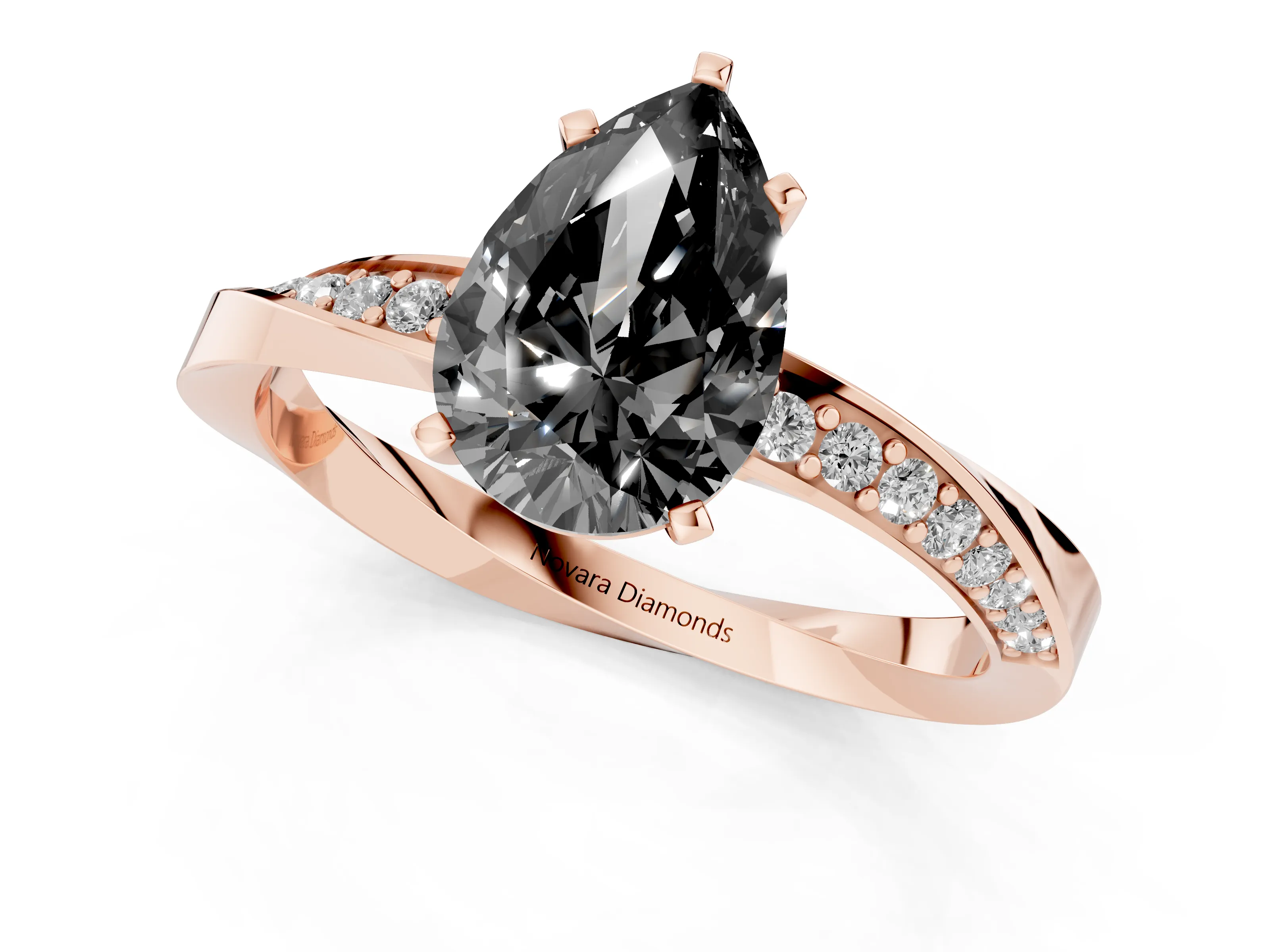 Fancy Black Pear Cut Diamond Engagement Ring Set in Rose gold with Side Stone Accents and Prong Setting