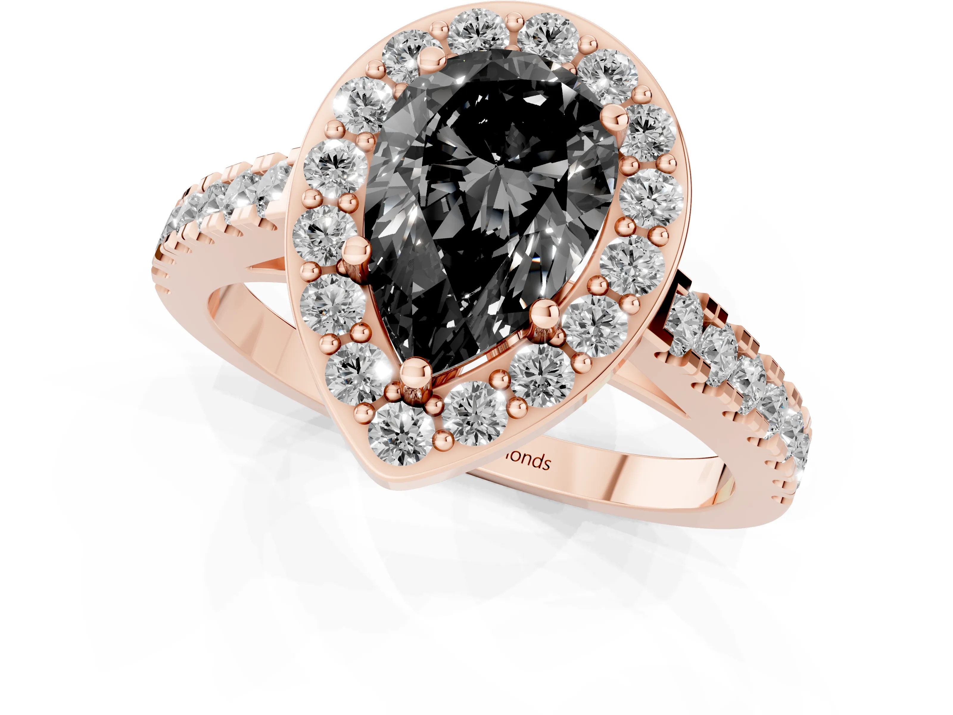 Fancy Black Pear Cut Diamond Halo Ring Set in Rose gold with Round Pavé Split Shank and Prong Setting