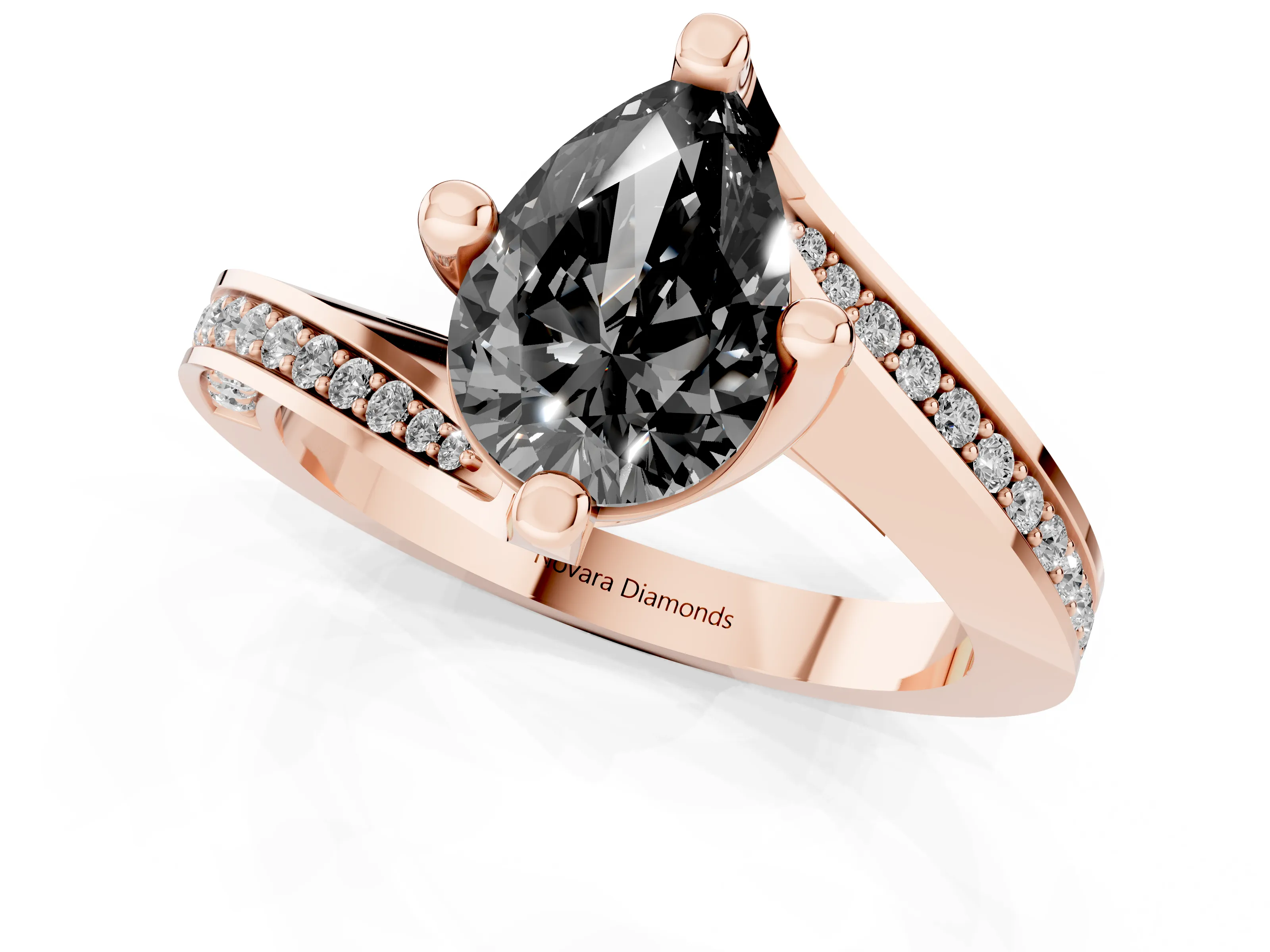 Fancy Black Pear Cut Diamond Solitaire Ring Set in Rose gold with Intertwined Pavé Twist Band