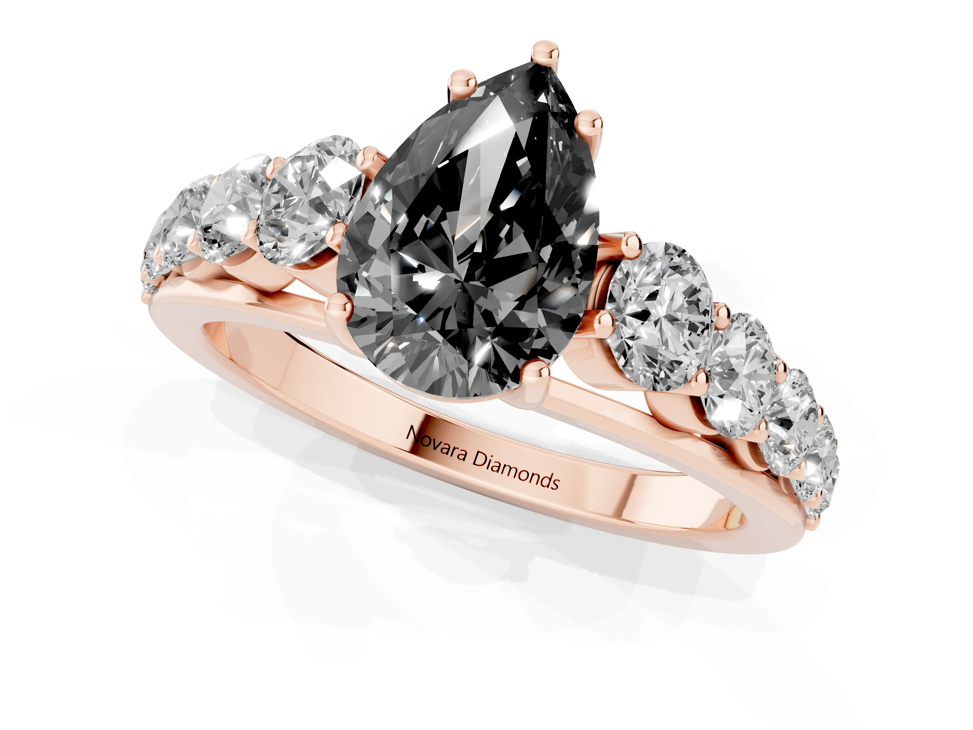 Fancy Black Pear Cut Diamond Solitaire Ring Set in Rose gold with Pavé-Set Band and Prong Setting