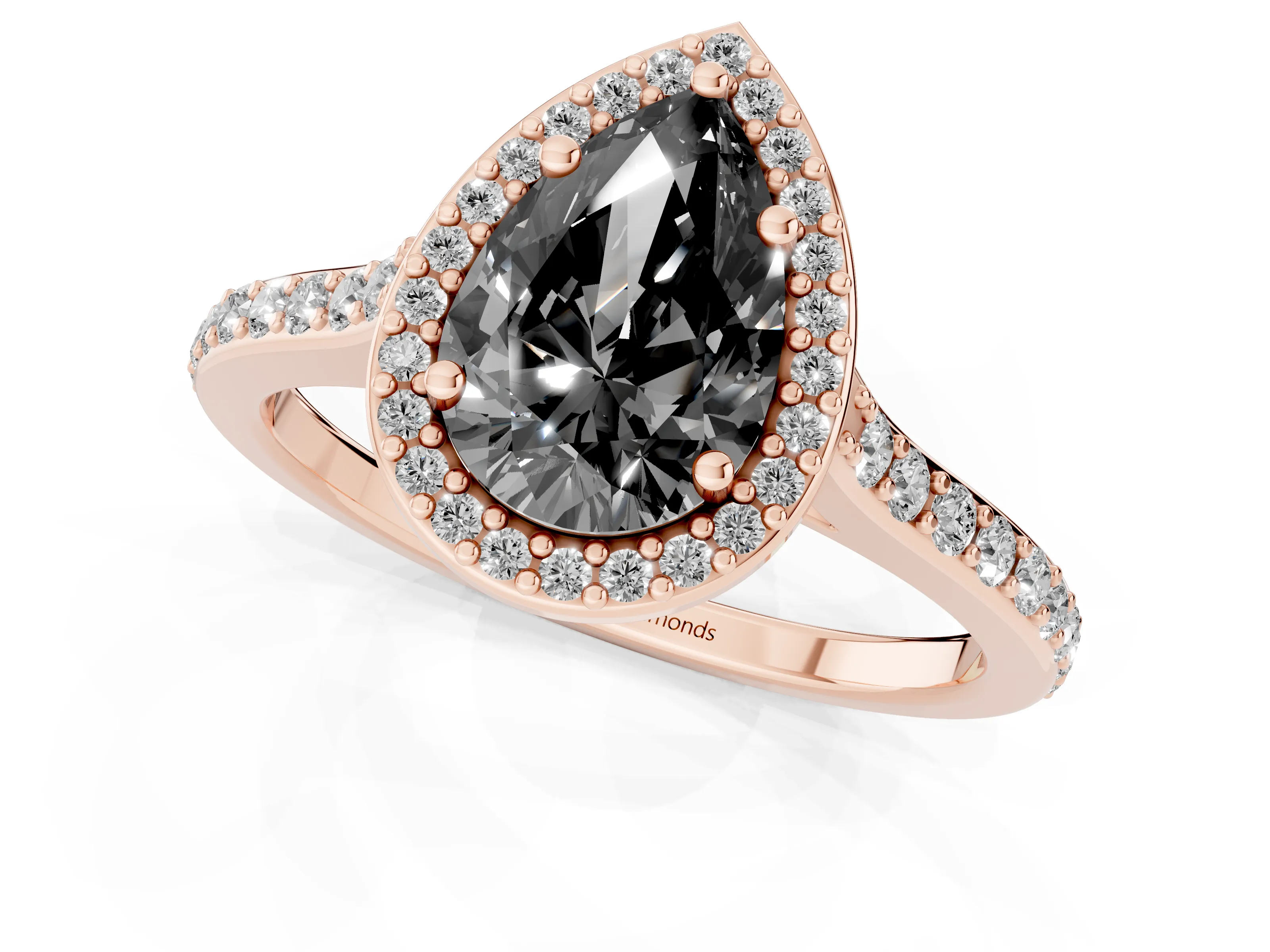 Fancy Black Pear Cut Diamond Halo Engagement Ring Set in Rose gold with Round Pavé Shoulders and Heart Gallery