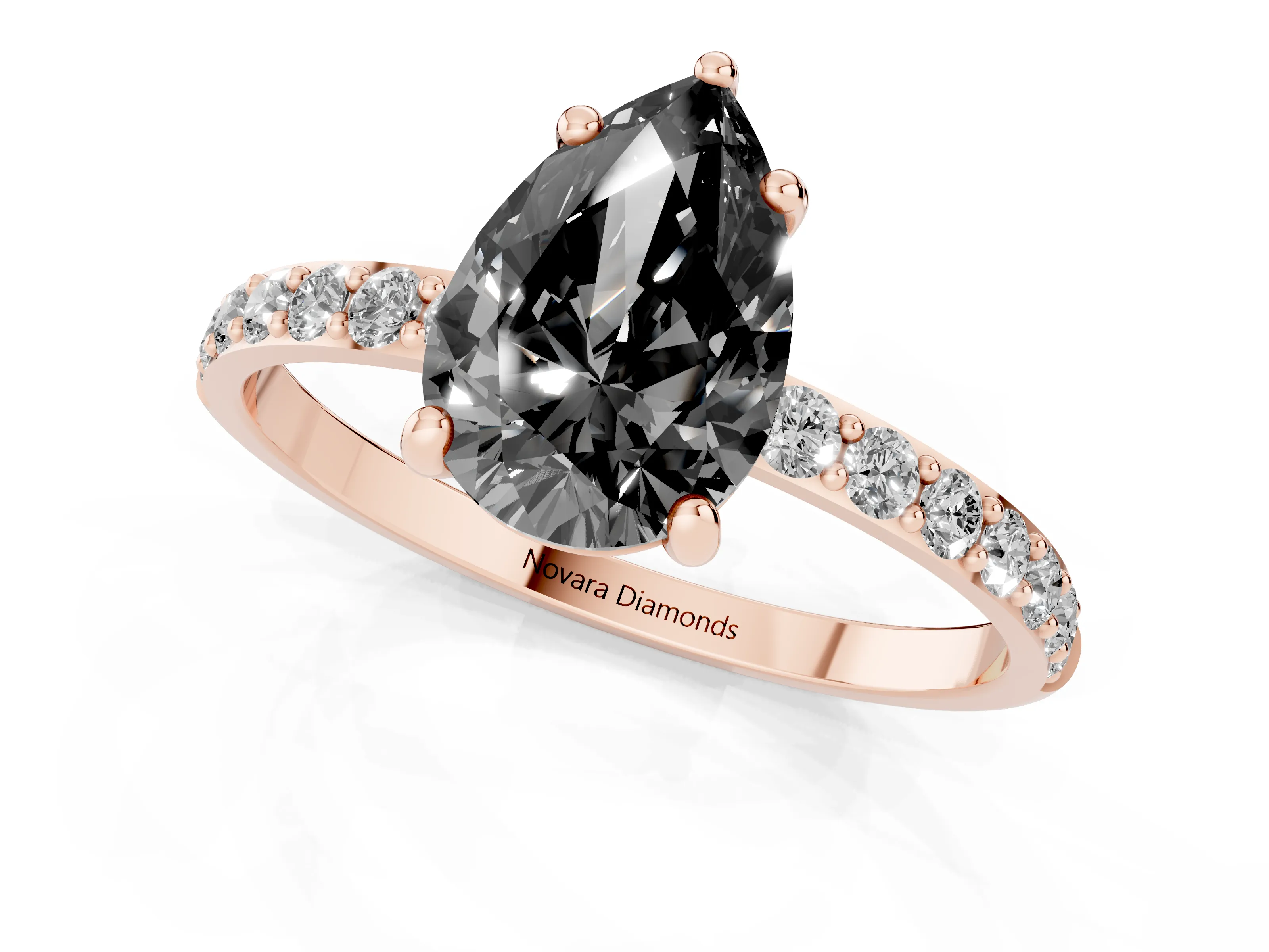 Fancy Black Pear Cut Diamond Solitaire Ring Set in Rose gold with Round Pavé Band and Prong Setting