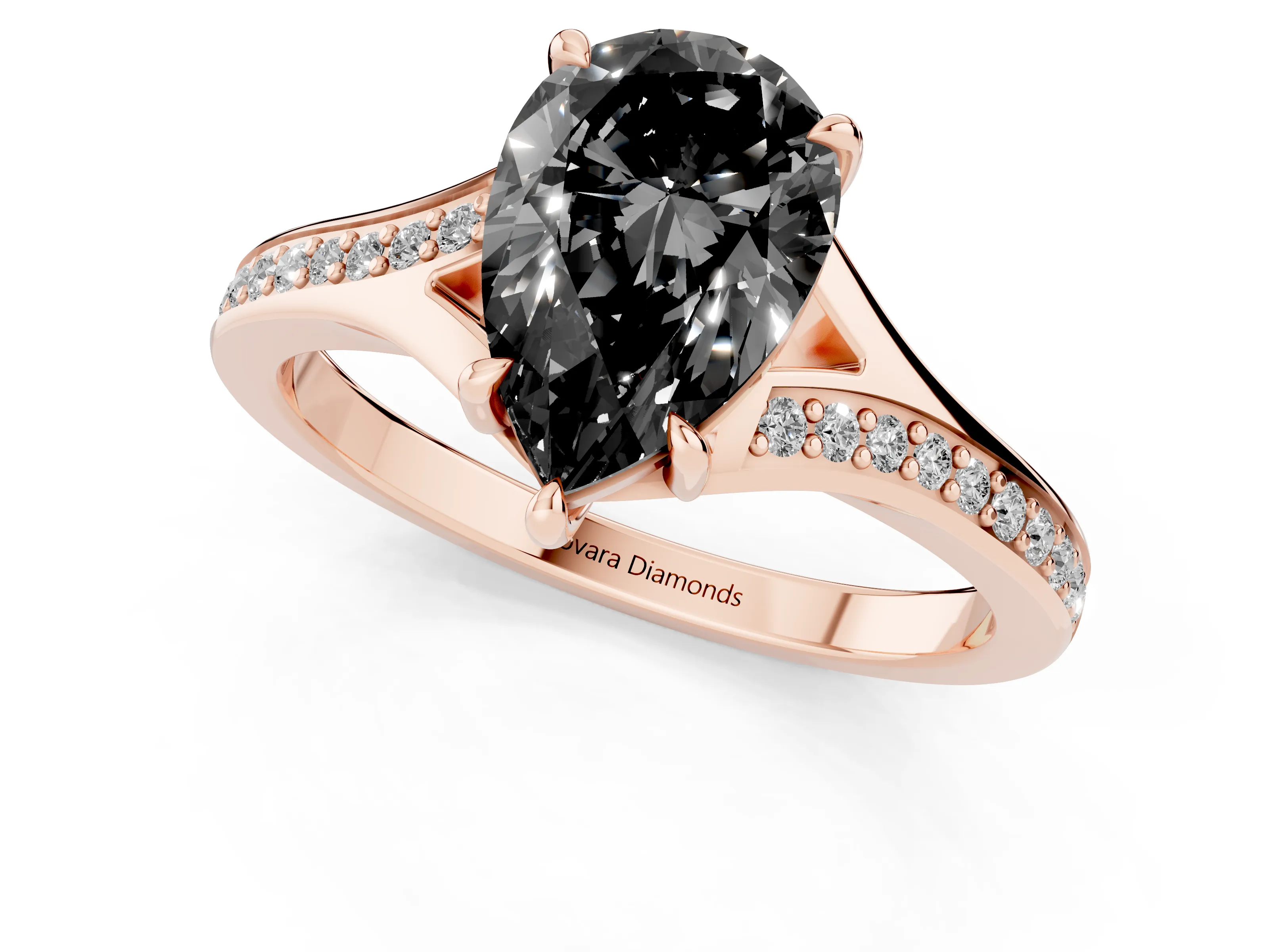 Fancy Black Pear Cut Diamond Solitaire Ring Set in Rose gold with Pavé Accent Band and Classic Prong Setting